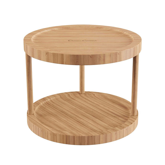 10 inch two tier bamboo lazy susan turntable organizer, all natural round bamboo display designed for kitchen, pantry, and vanity use
