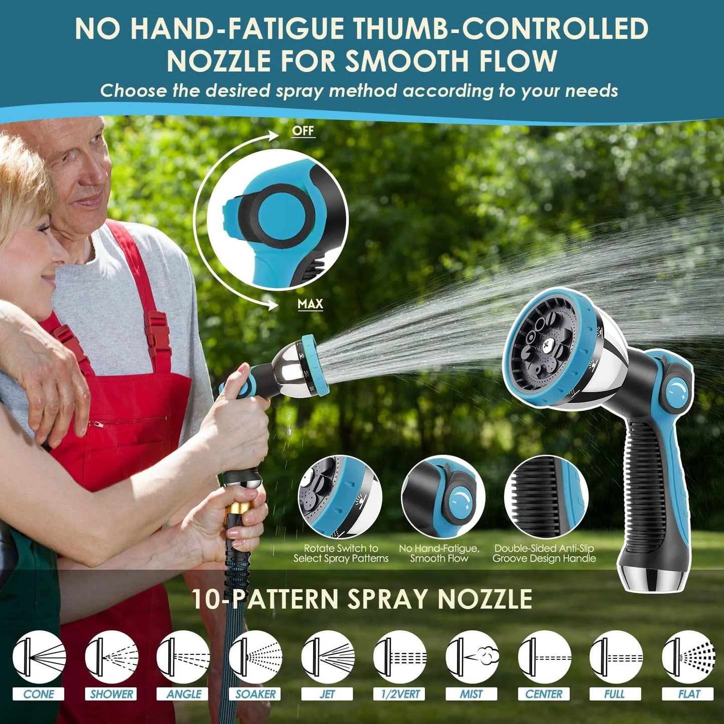 Close-up of 10-pattern spray nozzle for Ultra Lightweight Garden Hose 150 Ft Non Expandable With 10 Pattern Nozzle And Shut Off Valve Holder Included Leakproof And Kink Resistant Reinforced Fittings For Yard And Outdoor Use FlexiSolve.