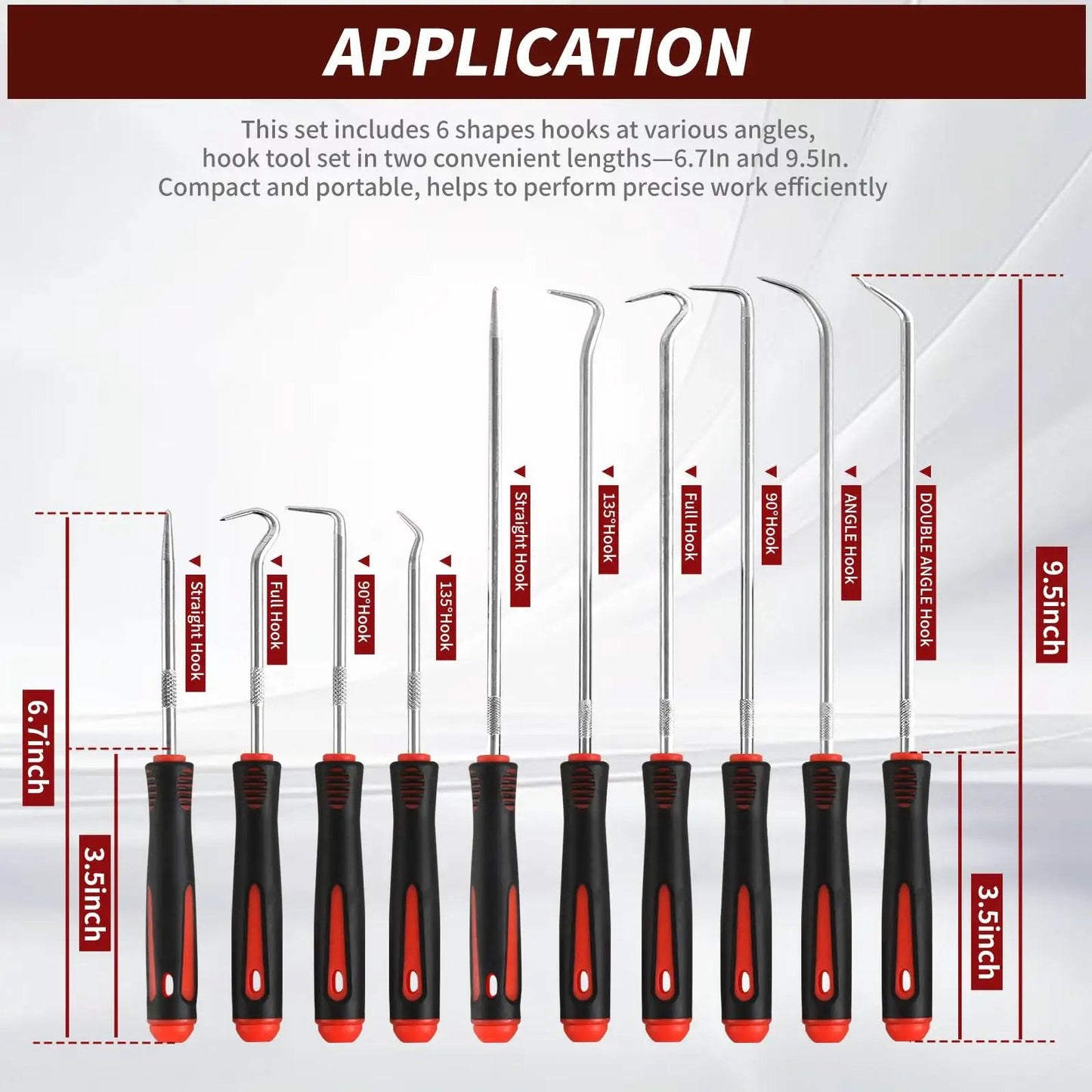 Front view of Hook And Pick Set 10 Piece Precision Tool Kit With Non Slip Grips for Automotive O Ring Seals Gaskets Removal.