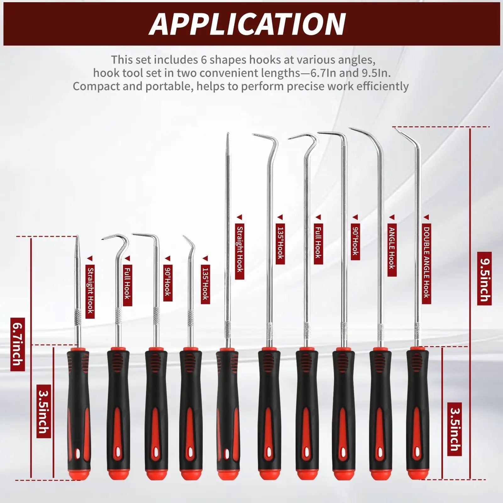Front view of Hook And Pick Set 10 Piece Precision Tool Kit With Non Slip Grips for Automotive O Ring Seals Gaskets Removal.