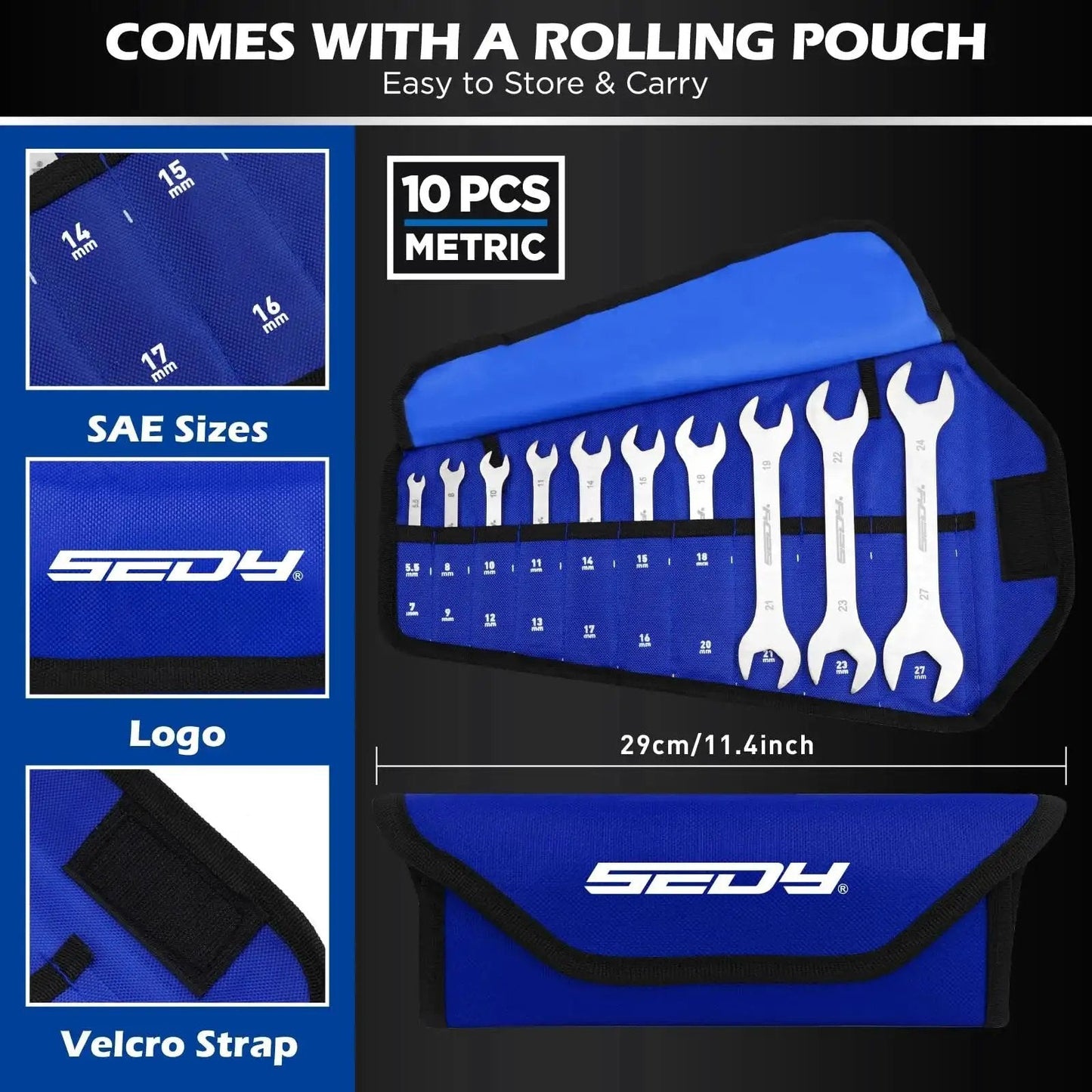 10-Piece Ultra Thin Open End Wrench Set Metric 5.5–27mm with rolling storage pouch.