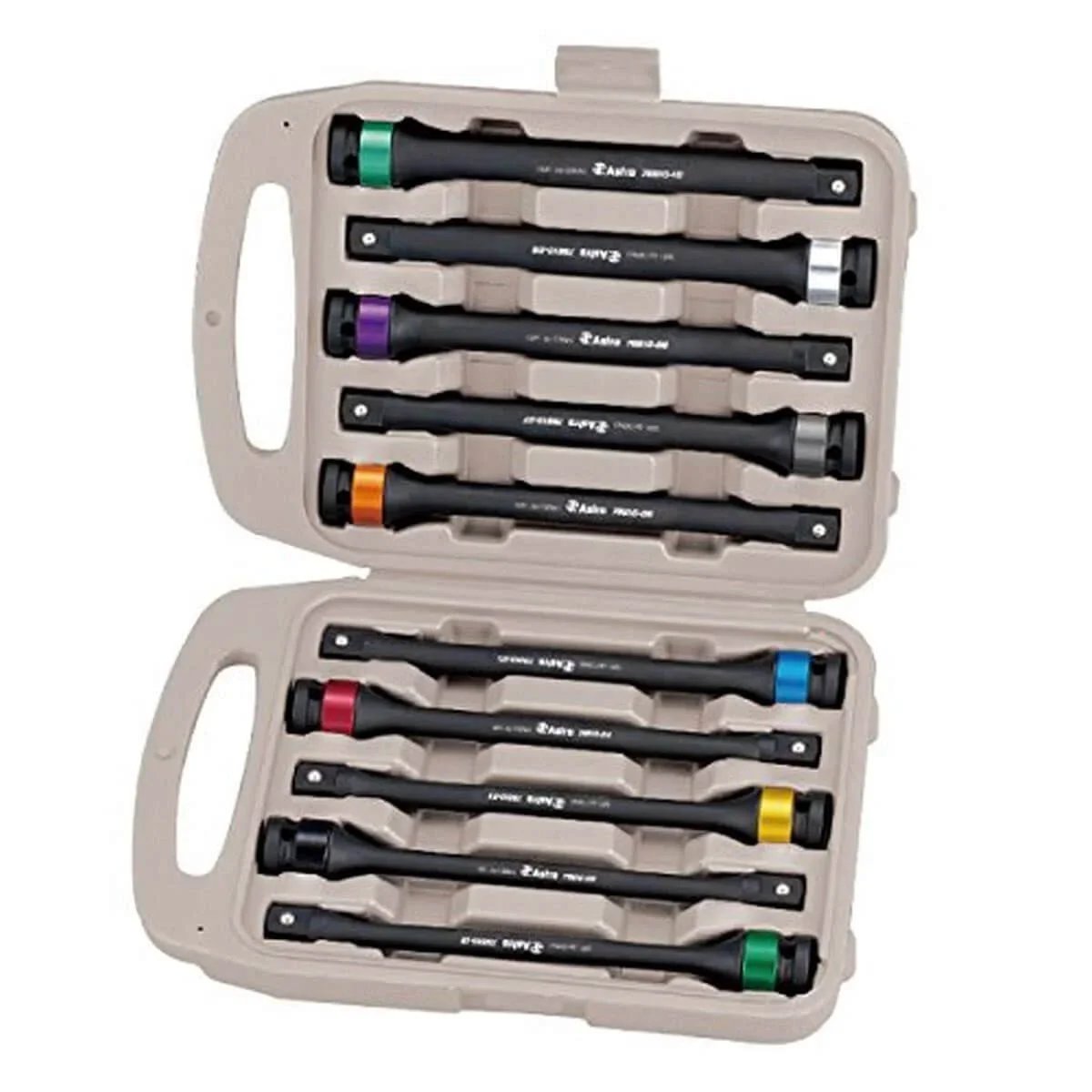 10-Piece Torque Limiting Extension Set in carrying case, Chrome Molybdenum, 1/2-inch drive, 8-inch extensions, assorted colors.