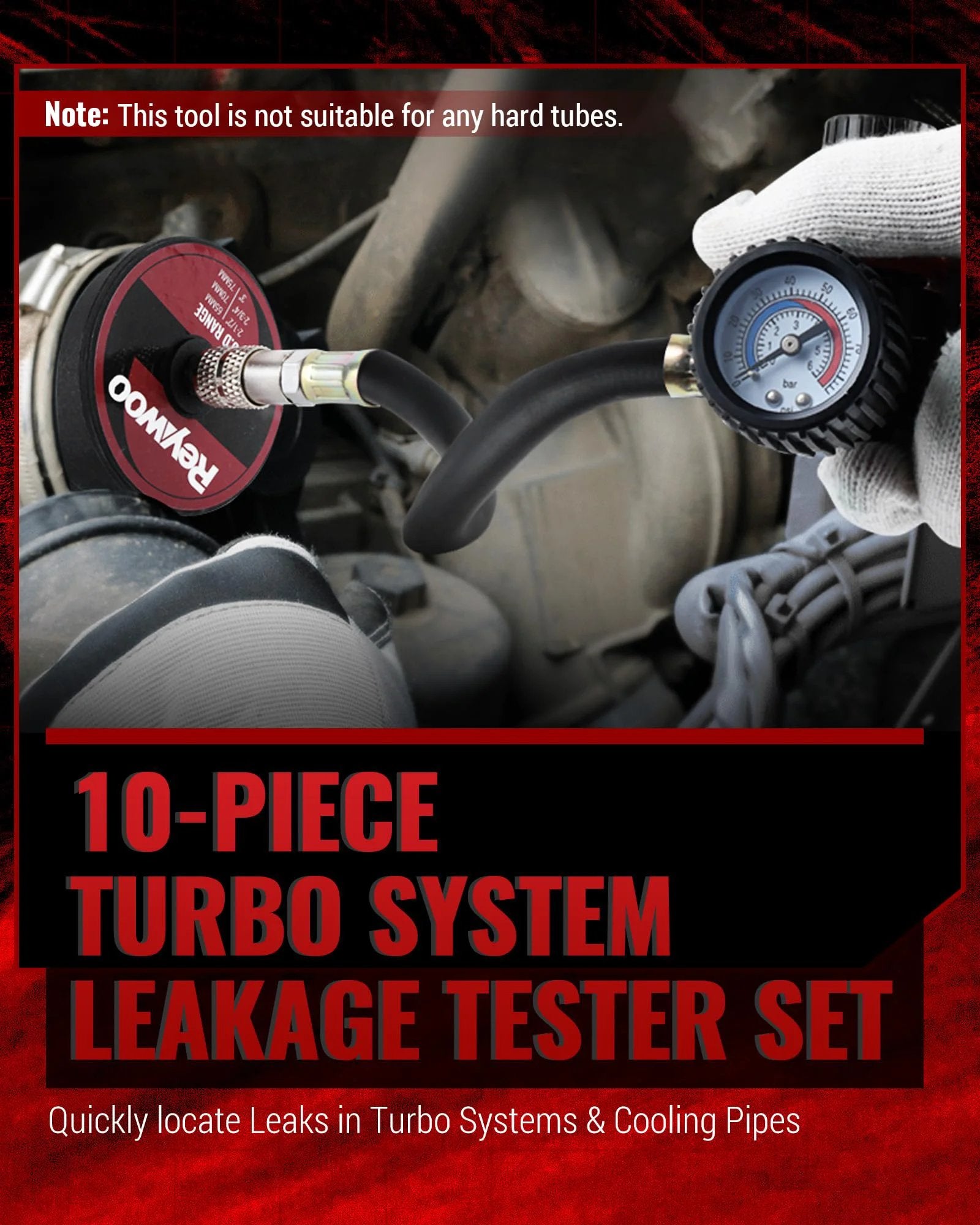 Turbo Boost Leak Tester Kit For Cars And Light Trucks 10 Piece Leakage Tester Set with gauge connected for testing turbo systems.
