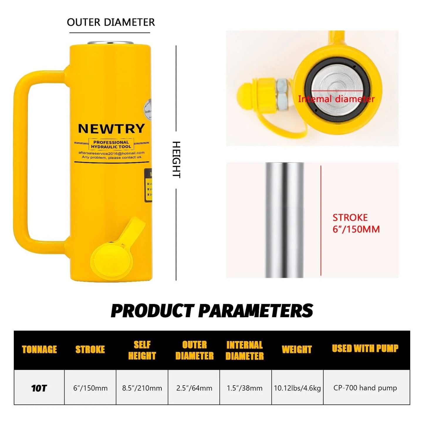 10 ton Hydraulic Jack Cylinder Long Ram 6” Stroke Portable Hydraulic Ram Industrial Lifting Tool diagram with product specifications