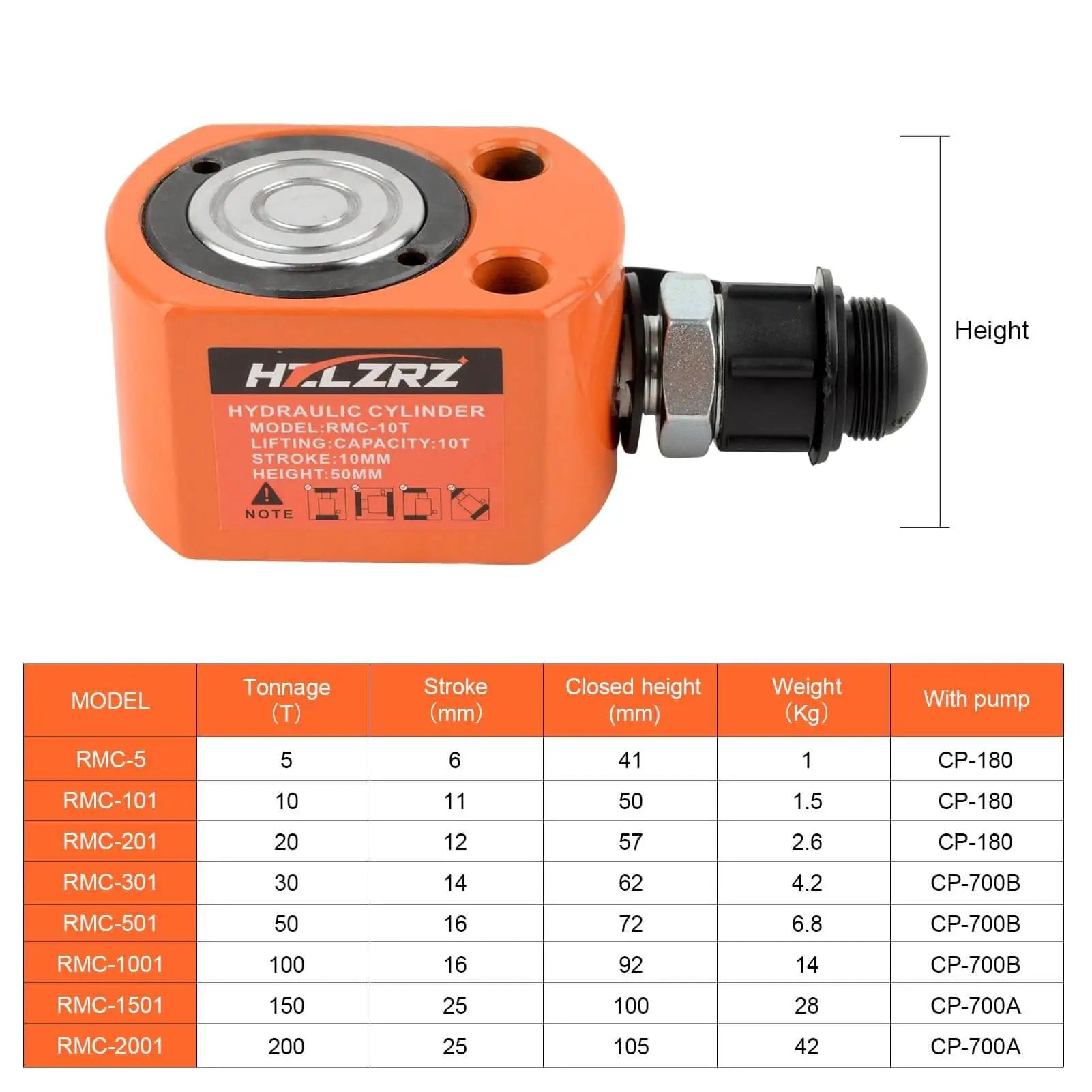 Heavy Duty 10 Ton Hydraulic Ram Jack Kit With Porta Power Lifting Cylinders shown in orange, side view with specifications.