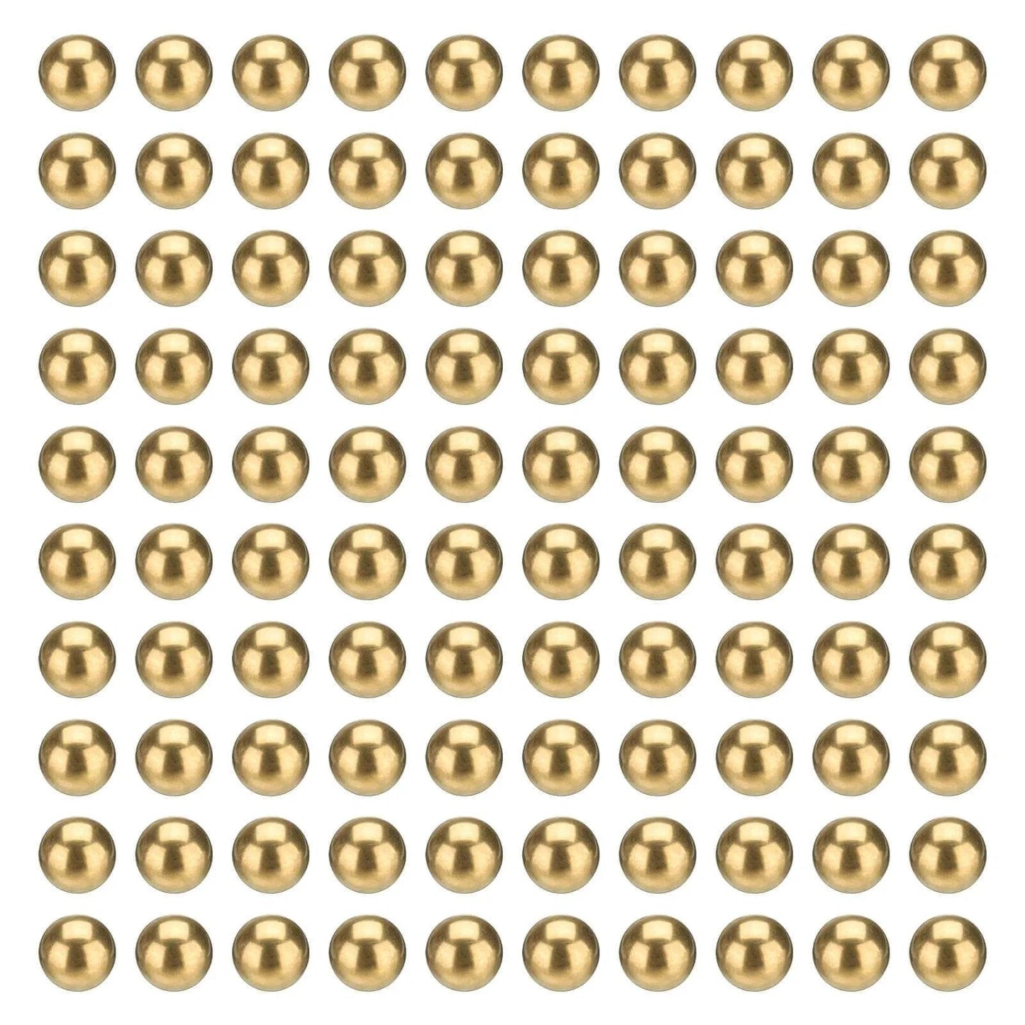 100-Pac Bearing Balls, 6mm Precision H65 Brass Bearing Balls Industrial Brass Ball Spheres for Machinery, Automotive, and DIY displayed in grid