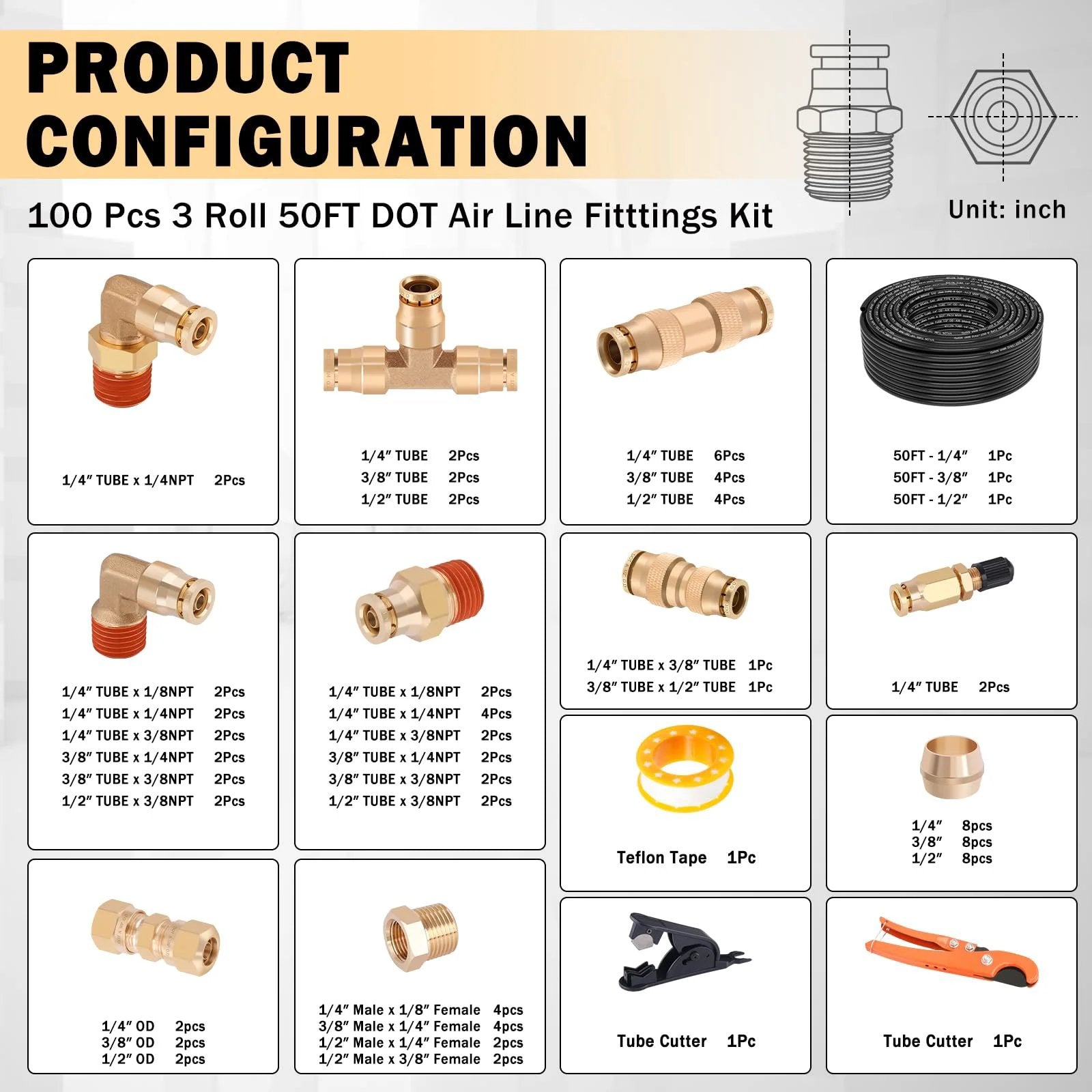 All In One DOT Air Line Kit With Brass Fittings 100 Pcs Includes 150 Ft Of One Half Inch Three Eighths Inch And One Quarter Inch Lines Push Lock Quick Connect Fittings Air Hose Pneumatic Tubing Plus Tees Unions Elbows configuration image showing various fittings, tubes, and tools.