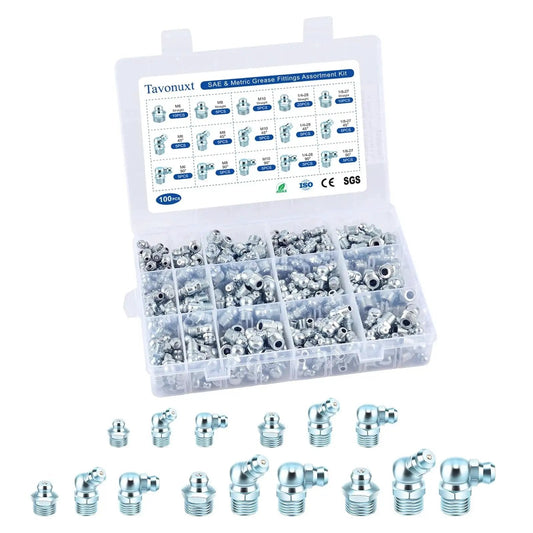 All In One 100 Piece SAE And Metric Grease Fittings Kit With 1 Quarter Inch And 1 Eighth Inch Sizes And M6 M8 M10 in case display