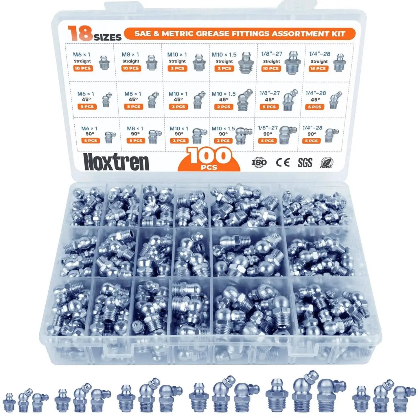Complete 100 Piece Grease Fittings Assortment Kit With 18 SAE And Metric Zerk Fittings Including UNF NPT One Quarter Inch And One Eighth Inch M6 M8 M10 Straight 45 Degree And 90 Degree Options For Quick Lubrication With Grease Guns Noxtren