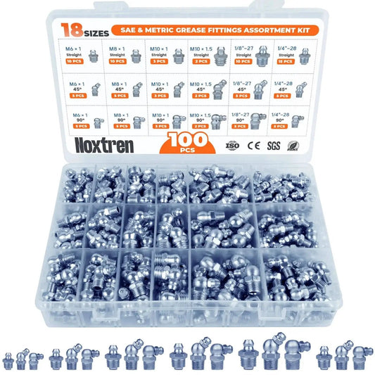 Complete 100 Piece Grease Fittings Assortment Kit With 18 SAE And Metric Zerk Fittings Including UNF NPT One Quarter Inch And One Eighth Inch M6 M8 M10 Straight 45 Degree And 90 Degree Options For Quick Lubrication With Grease Guns Noxtren
