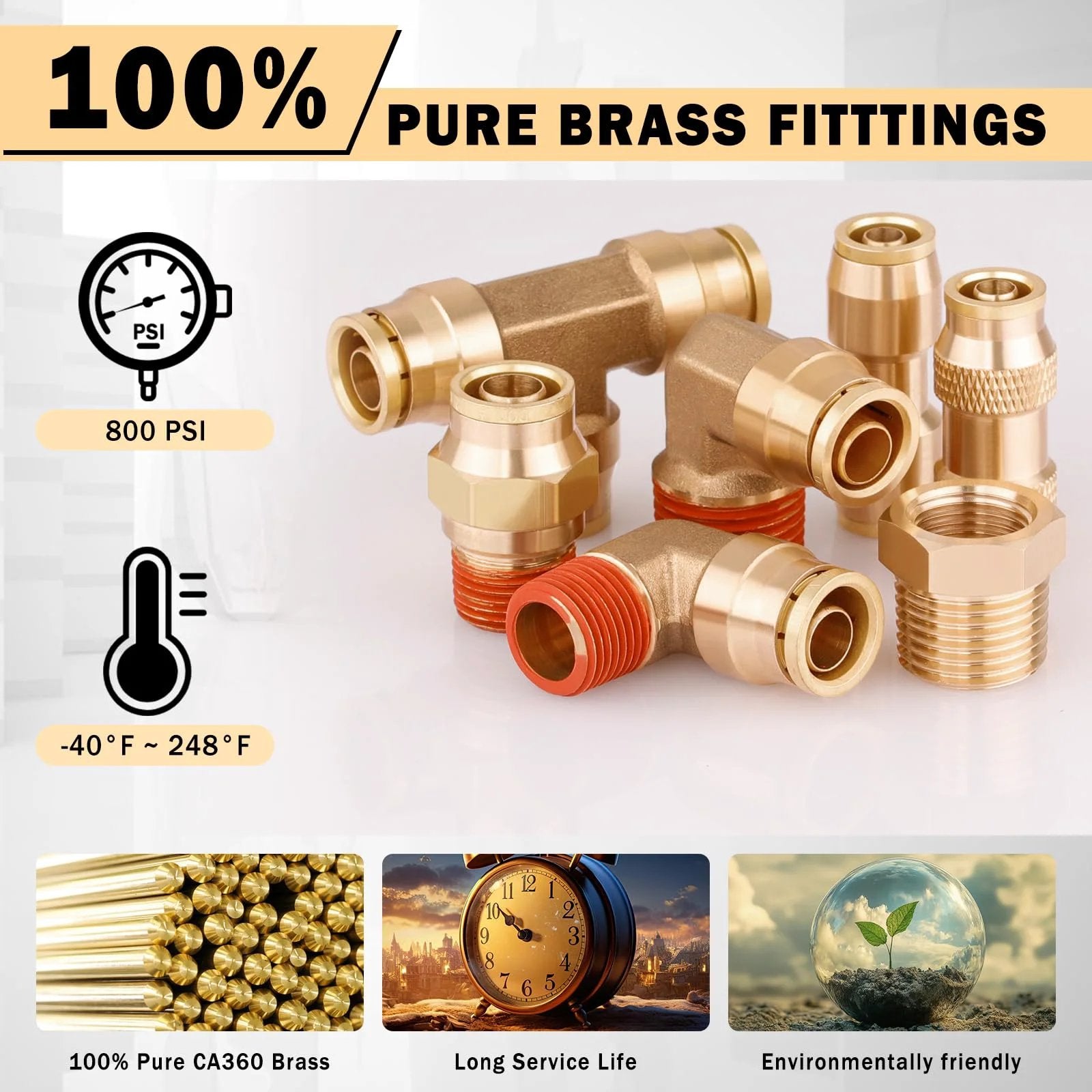 All In One DOT Air Line Kit With Brass Fittings 100 Pcs Includes 150 Ft Of One Half Inch Three Eighths Inch And One Quarter Inch Lines Push Lock Quick Connect Fittings Air Hose Pneumatic Tubing Plus Tees Unions Elbows displayed with various brass fittings.