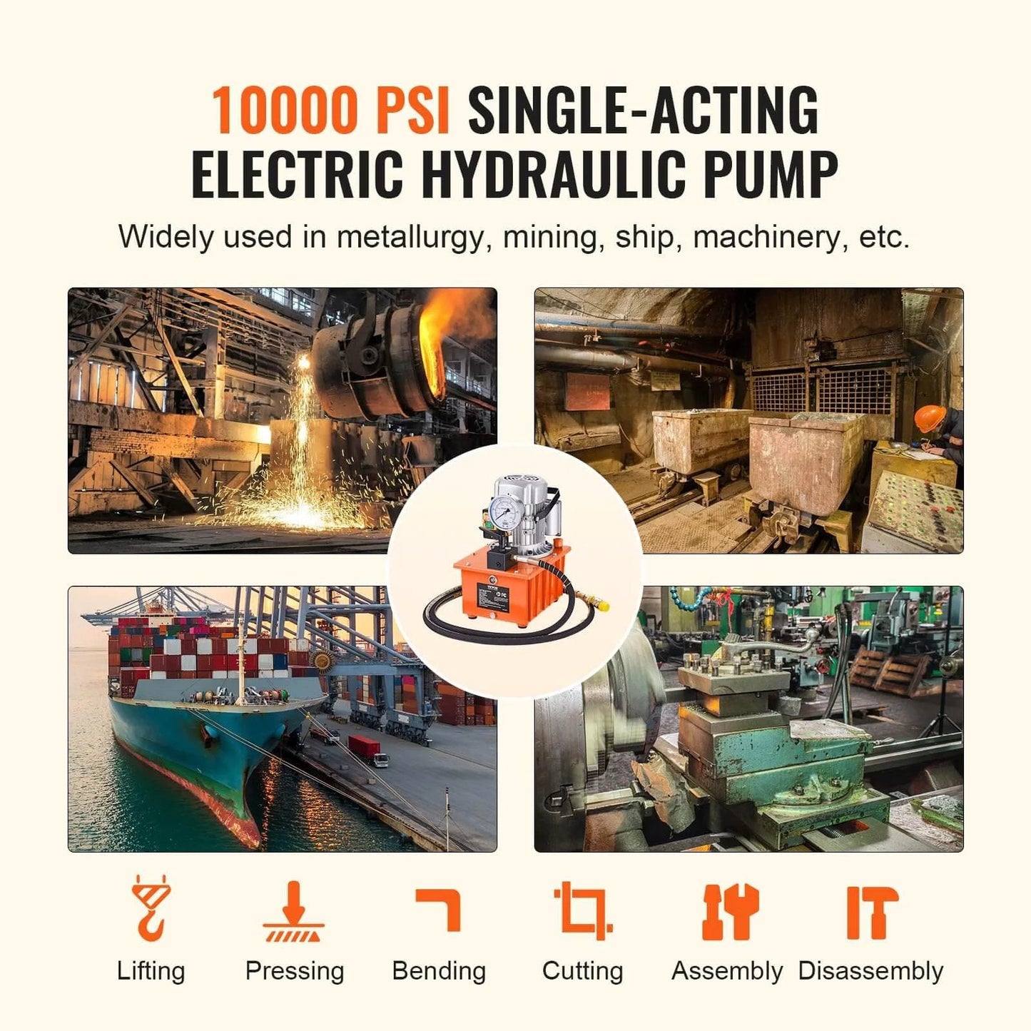 Electric Hydraulic Pump, 10000 PSI 750W 110V with images of industrial use in metallurgy, mining, and shipping applications.