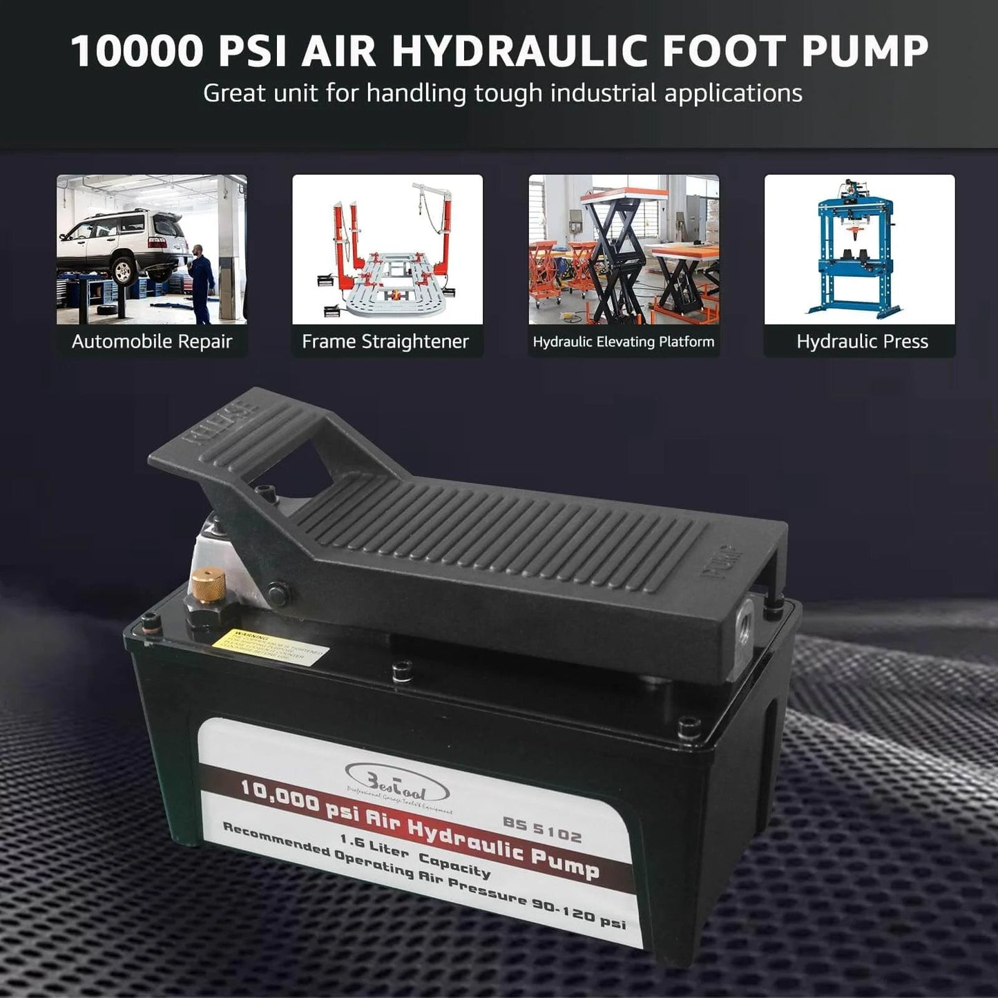 BESTOOL 10,000 PSI, 1/2 Gal Reservoir Foot-Operated Air Hydraulic Pump for heavy machinery and auto repair applications.