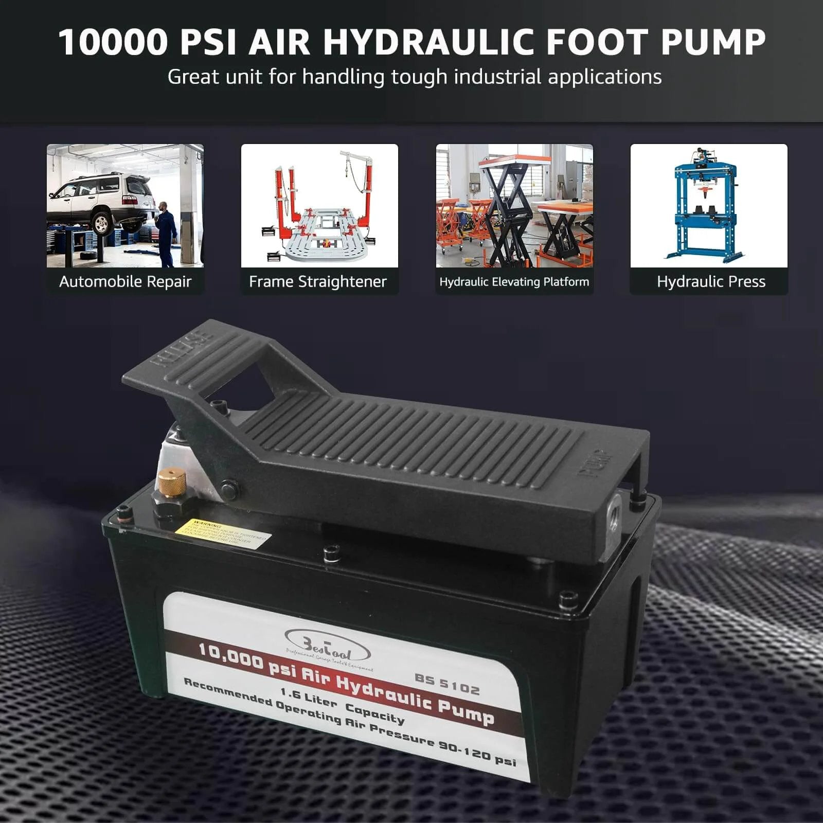 BESTOOL 10,000 PSI, 1/2 Gal Reservoir Foot-Operated Air Hydraulic Pump for heavy machinery and auto repair applications.