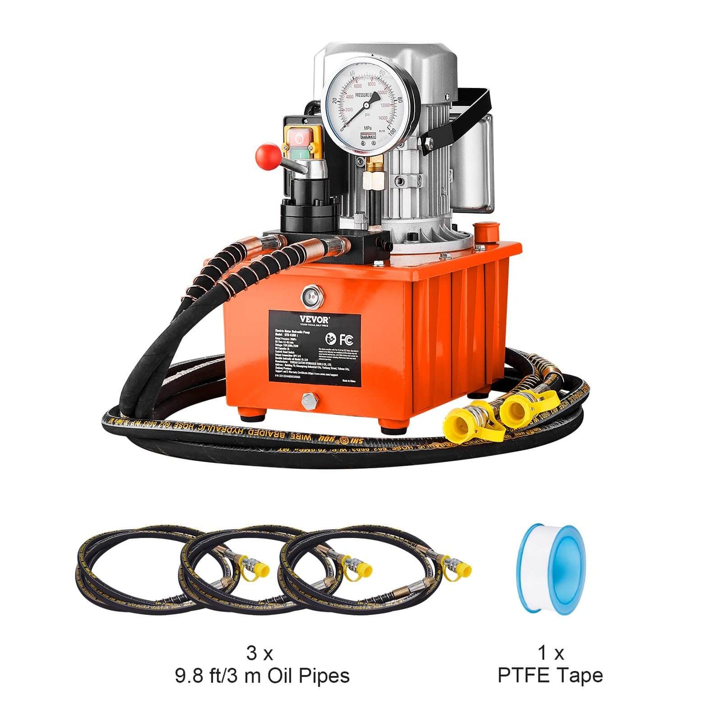 10000 PSI 750W 110V hydraulic pump power pack unit with lever switch, orange, shown with oil pipes and PTFE tape for machine use