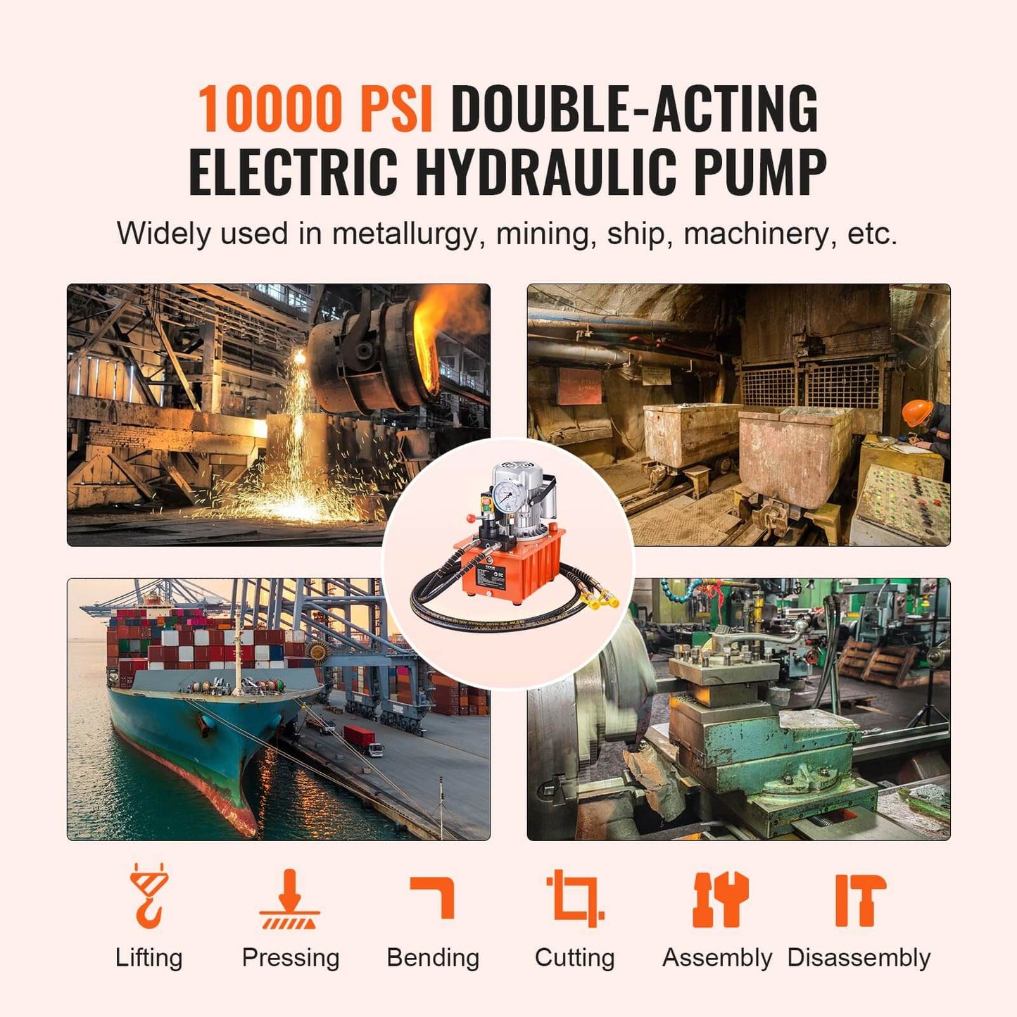 10000 PSI hydraulic power pack with orange casing, shown with industrial applications like metallurgy and mining.