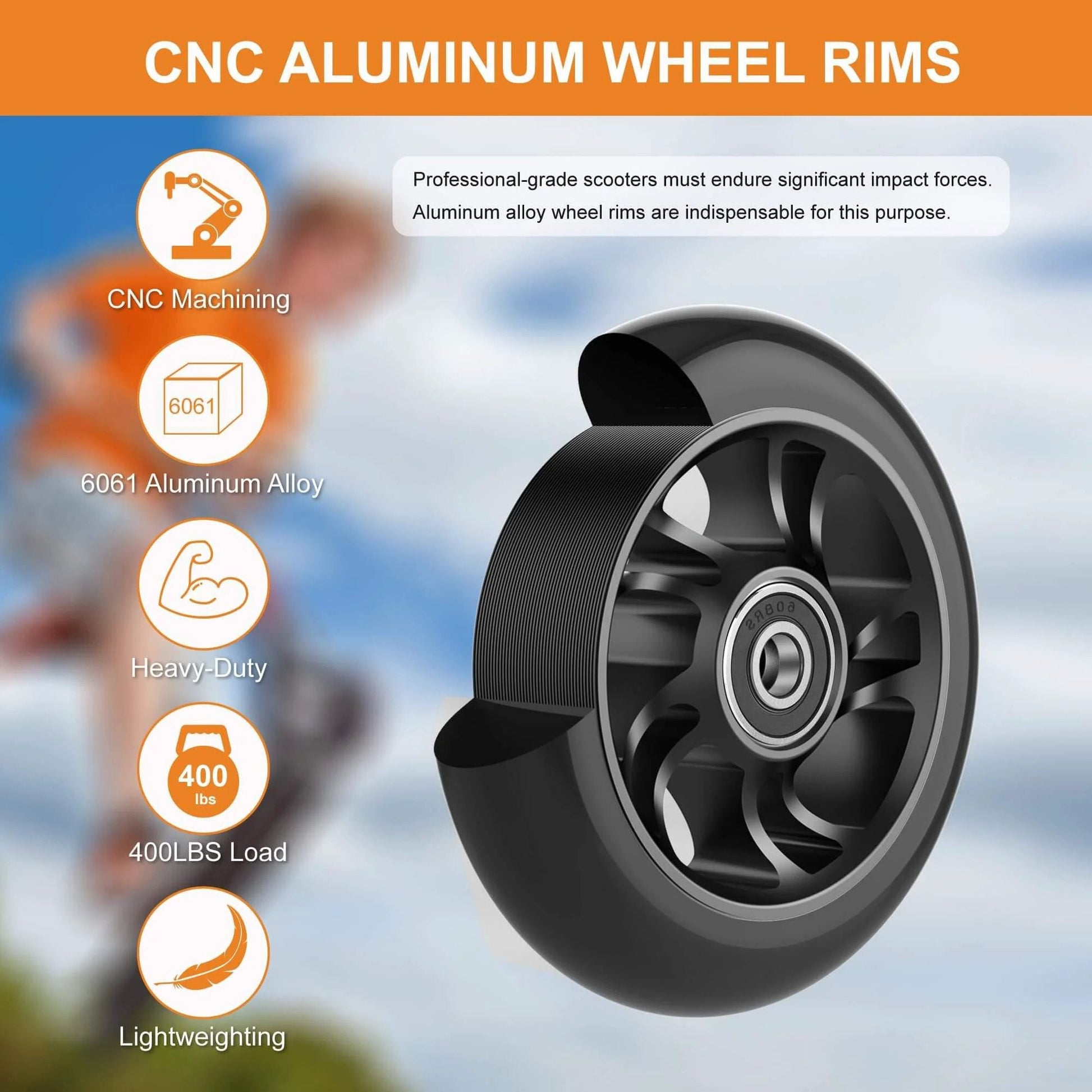 CNC-machined aluminum wheel rim for pro scooters, showcasing 100mm pro scooter replacement wheels with aluminum alloy rim.