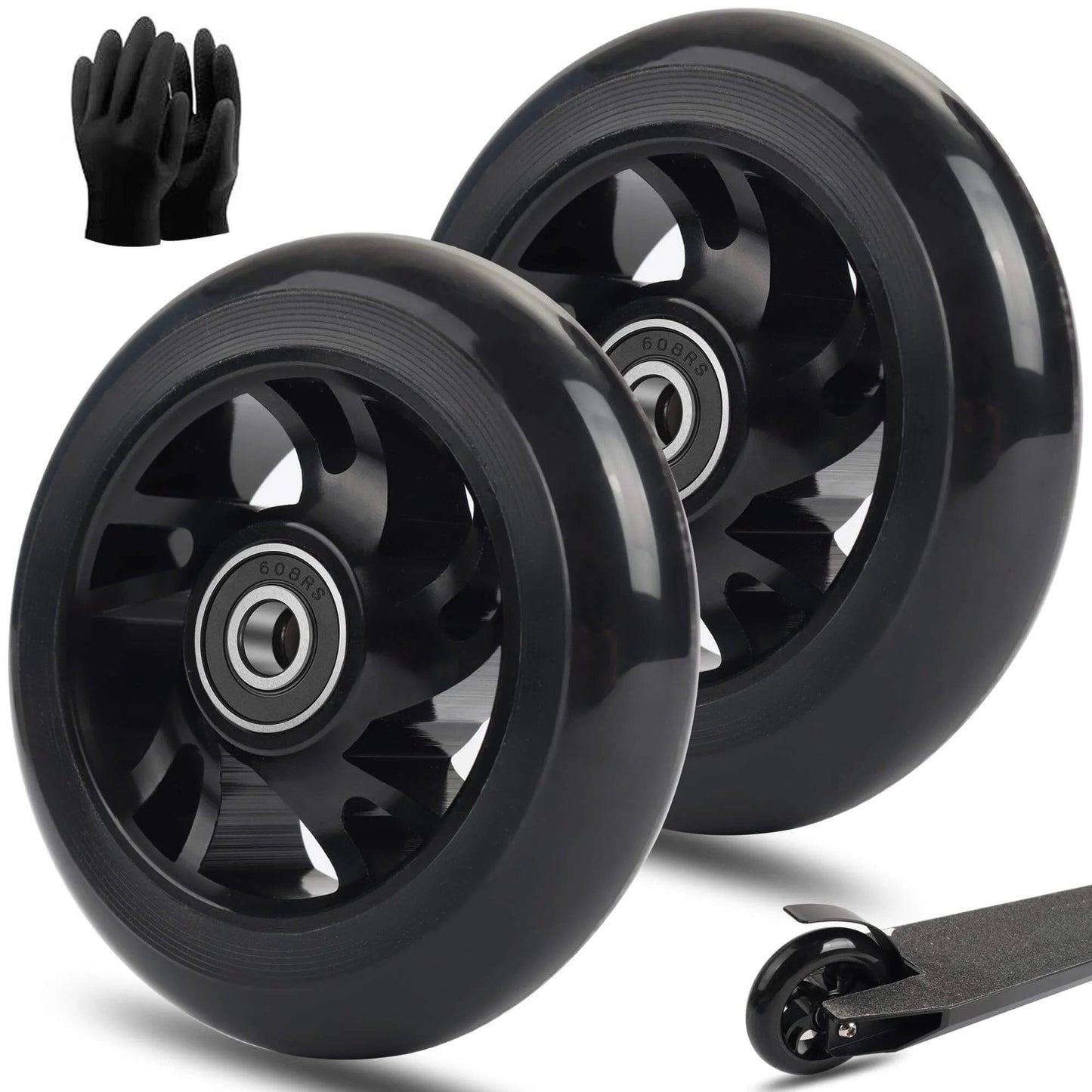 Black 100mm Pro Scooter Replacement Wheels with Aluminum Alloy Rim, Anti Lock Bearings, 88A PU Tires for Fast Riding