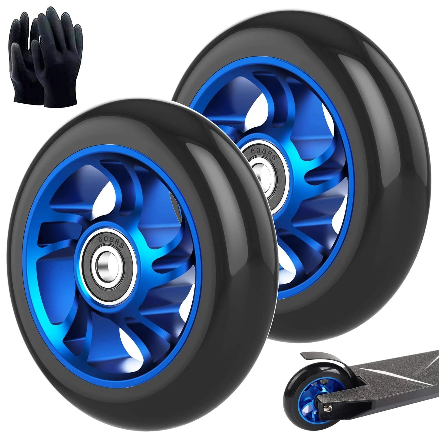 100mm Pro Scooter Replacement Wheels Pair with Aluminum Alloy Rim Anti Lock Bearings and 88A PU Tires Blue, with gloves and scooter
