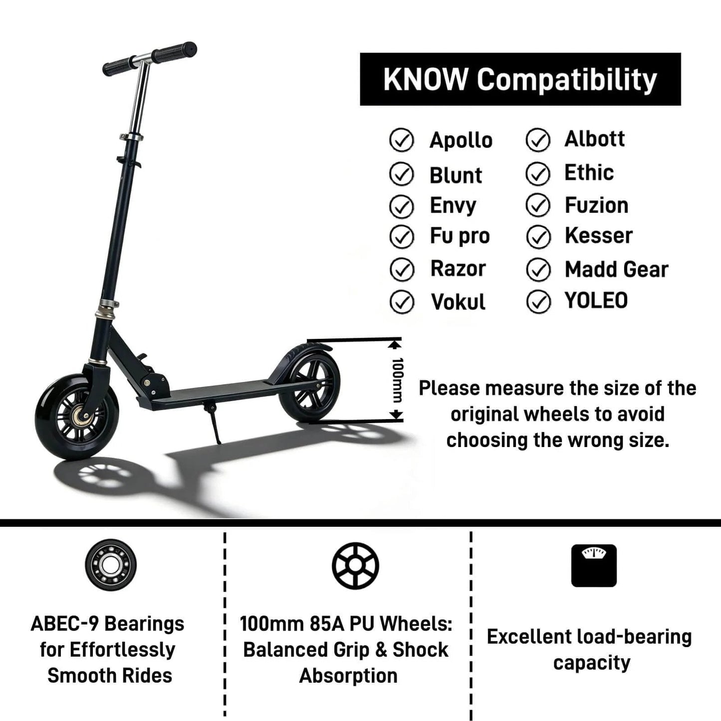 Pro Kick Scooter Replacement Wheels 100mm Pair - High-Speed Smooth Bearings Installed, Heavy Duty PU Wheels with compatibility chart