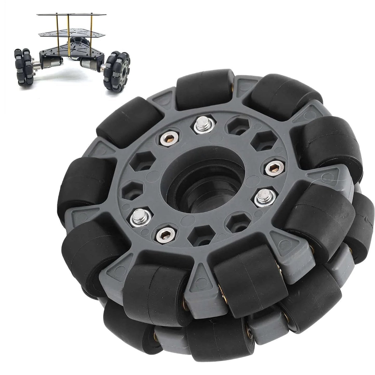 Omni Wheel for Robot 100mm 360 Degree Omnidirectional Plastic Wheel with Rubber Rollers and Brass Bearings, shown with robot.