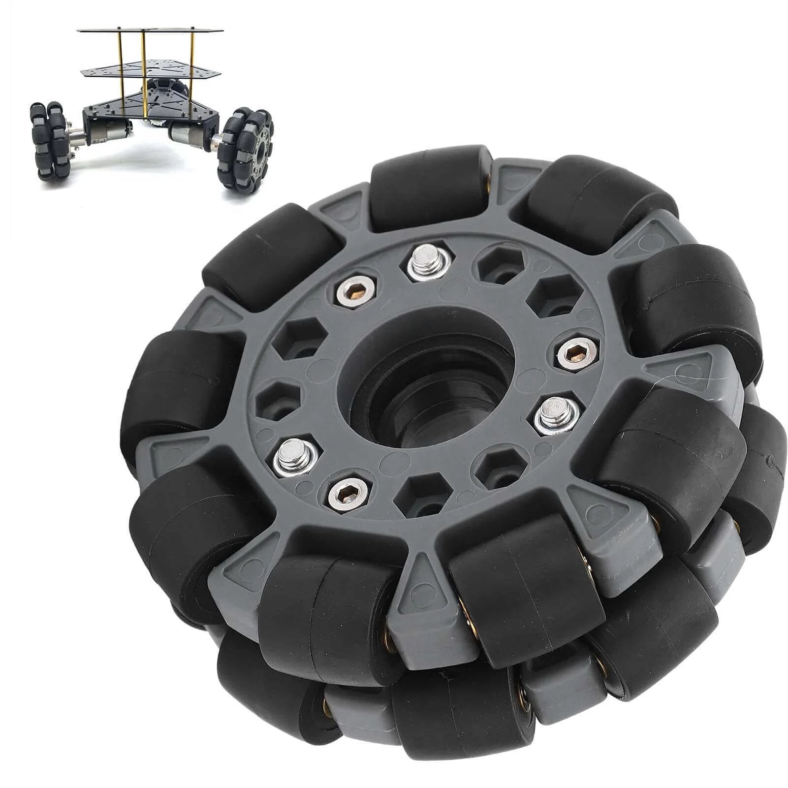 Omni Wheel for Robot 100mm 360 Degree Omnidirectional Plastic Wheel with Rubber Rollers and Brass Bearings, shown with robot.