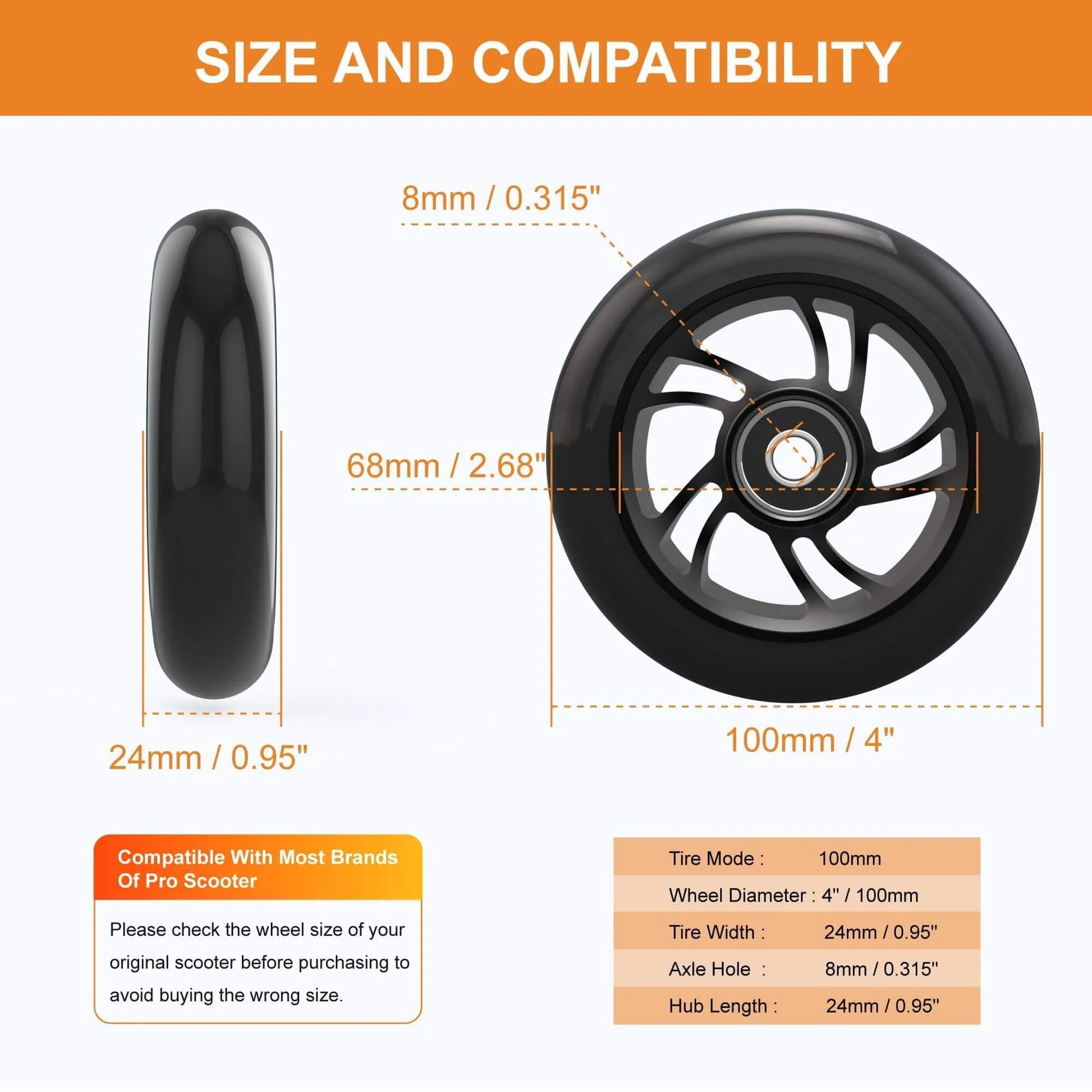 Size and compatibility guide for 100mm Pro Scooter Replacement Wheels with Aluminum Alloy Rim Anti Lock Bearings and 88A PU Tires Black