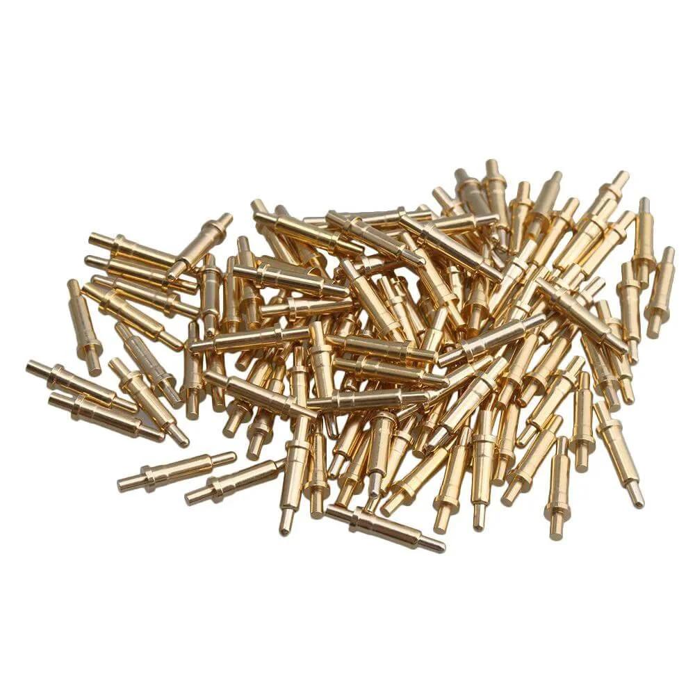 Pile of 100Piece Gold Plated Spring Loaded Probe Thimble Pogo Pin 2mm Pins for electronics testing, featuring copper material and spring design