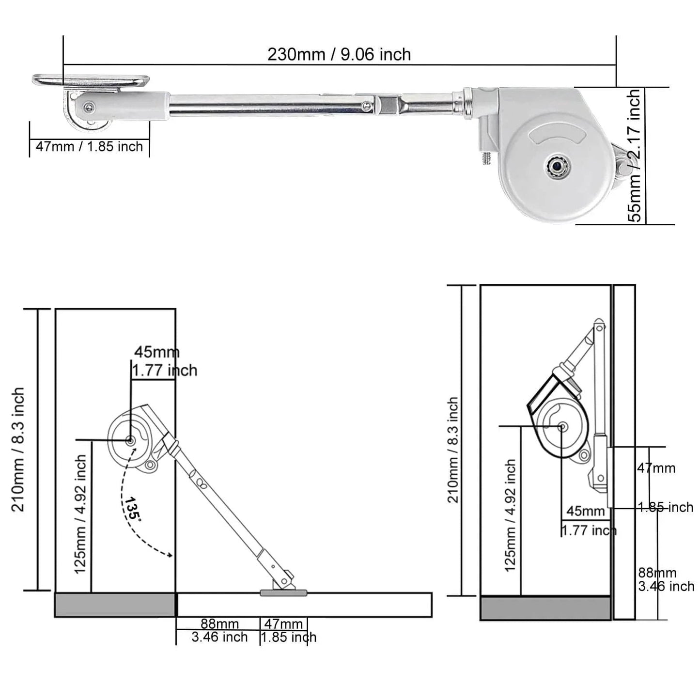 Diagram of 105 Degree Soft Closing Support Rod Hinges for downward opening doors with measurements and installation angles.
