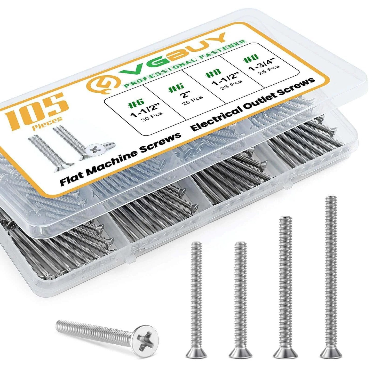 105 Pcs Extra Long Outlet Screws Kit with #6-32 and #8-32 Phillips Flat Head Machine Screws Made from 304 Stainless Steel in Multiple Lengths for Wall Plates Switches Outlets and Electrical Extenders