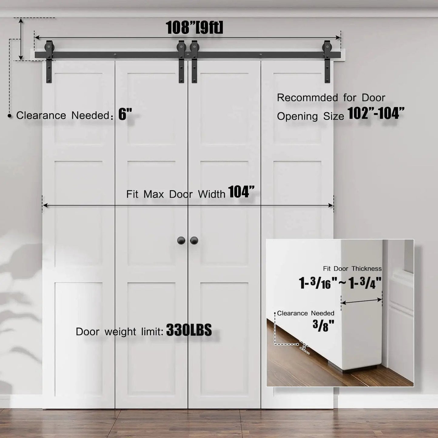 108 Inch Bi Folding Sliding Barn Door Hardware Kit With 9 Foot Heavy Duty Track And Nylon Roller Bearings For Max 26 Inch By 4 Doors, shown installed with measurements