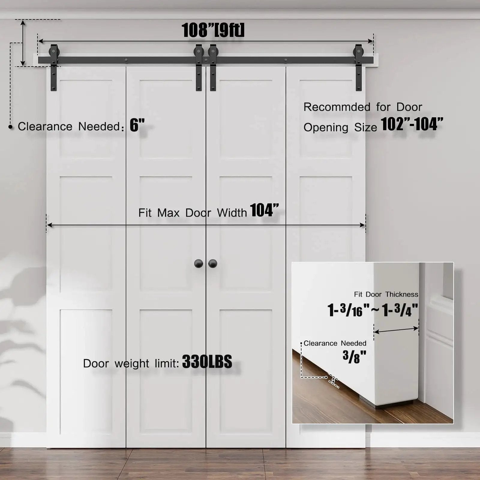 108 Inch Bi Folding Sliding Barn Door Hardware Kit With 9 Foot Heavy Duty Track And Nylon Roller Bearings For Max 26 Inch By 4 Doors, shown installed with measurements