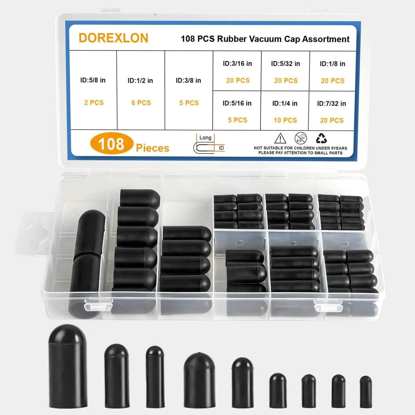 108 Piece Rubber Vacuum Cap Set With Assorted Plugs For Carburetor Manifold And Automotive Hoses End Caps In display case with various sizes.