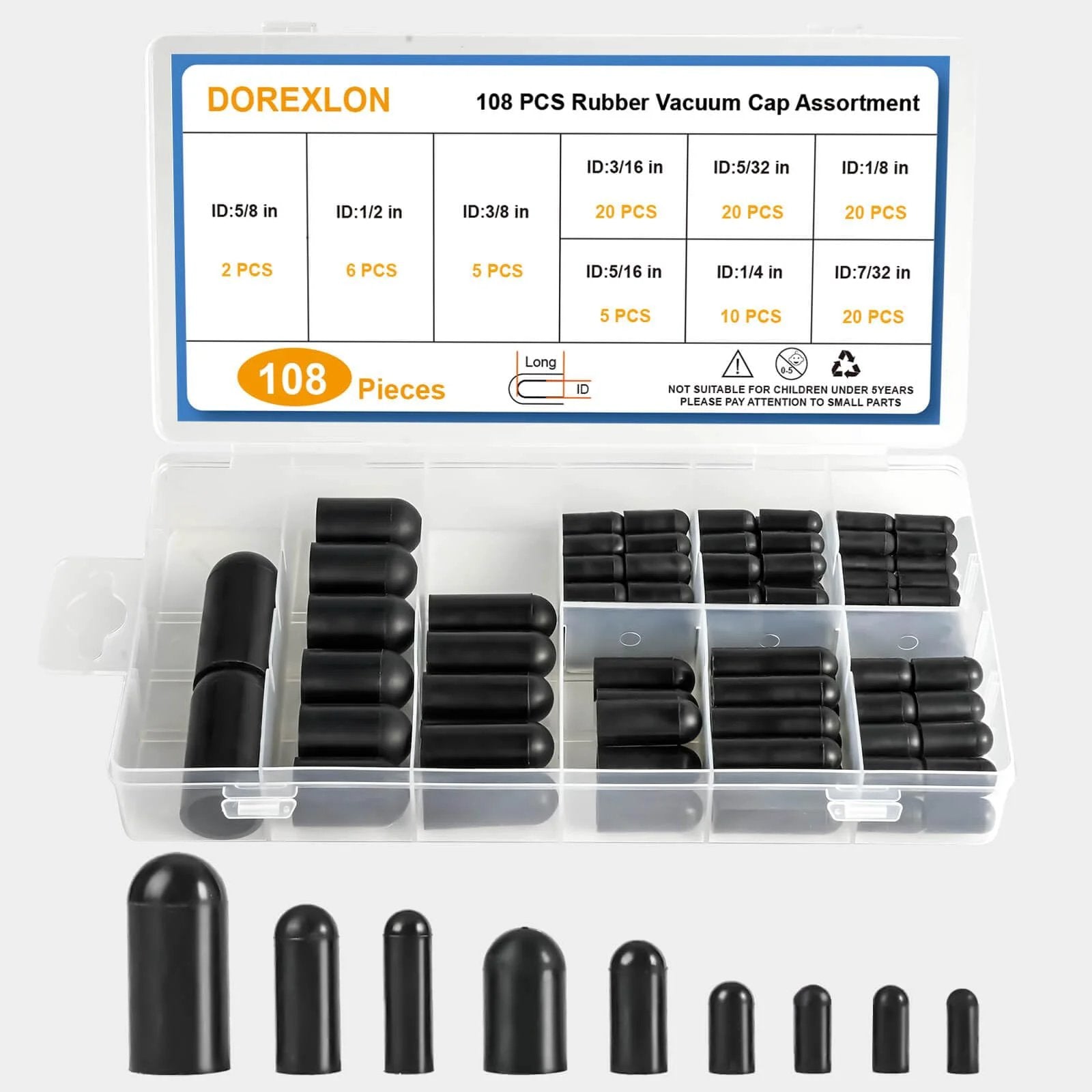 108 Piece Rubber Vacuum Cap Set With Assorted Plugs For Carburetor Manifold And Automotive Hoses End Caps In display case with various sizes.