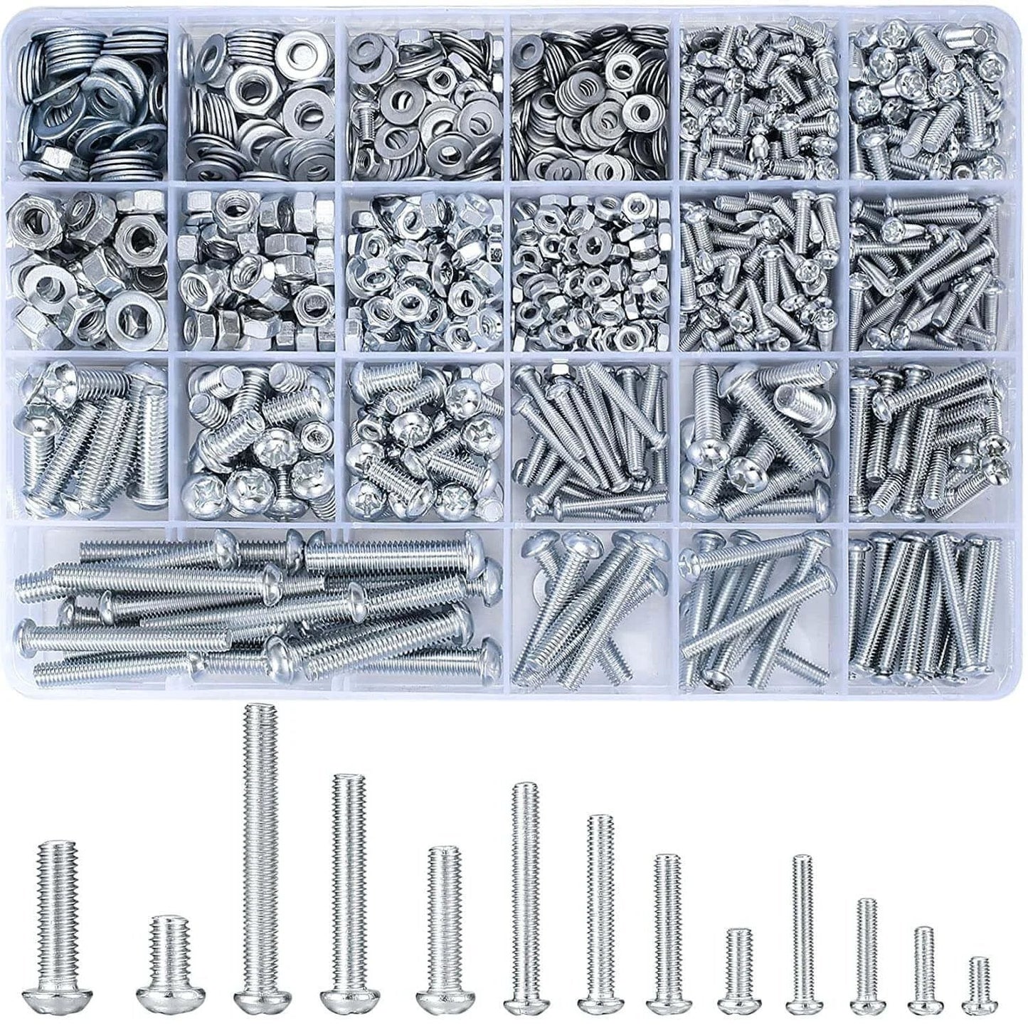 1080 Pcs Metric Screws Bolts and Nuts Assortment Kit with M3 M4 M5 M6 Cross Slotted Round Head Machine Screws Nuts and Flat Washers Organized in Storage Case for Repairs DIY and Equipment Assembly