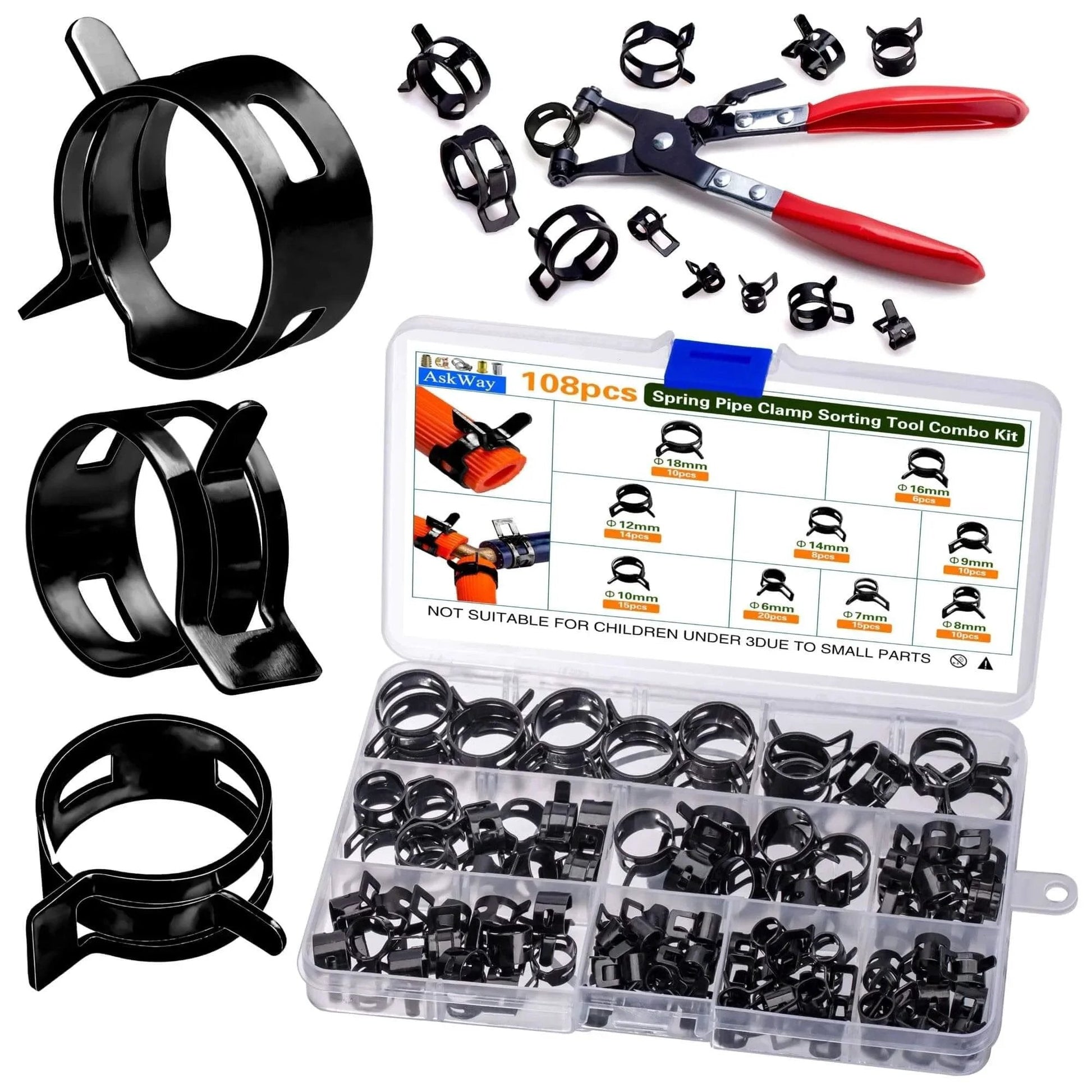 108 Piece Spring Pipe Clamp Set With Tools 9 Sizes From 6 To 18mm For Automotive Marine Gardening And Industrial Hose Interfaces