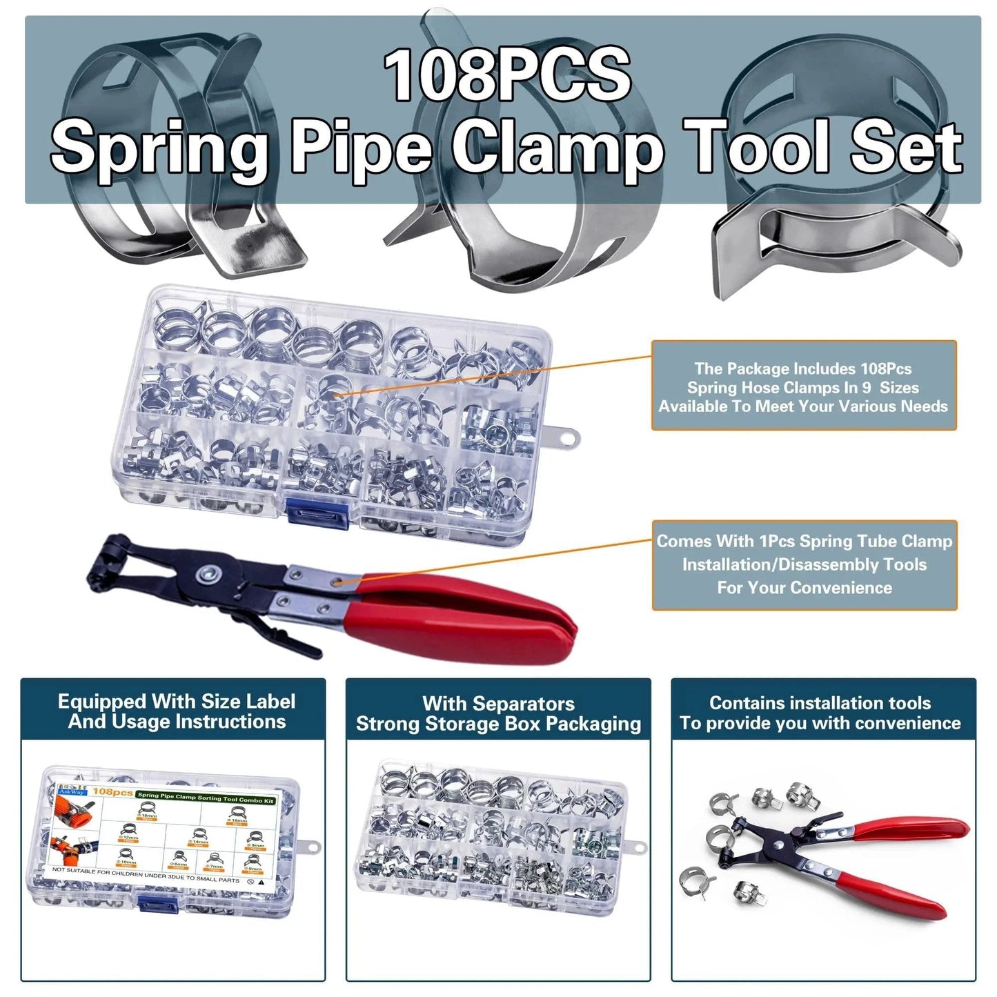 108 Piece Spring Pipe Clamp Set With Tools 9 Sizes 6 To 18mm Spring Hose Clamps For Automotive Marine Gardening And Industrial Applications Silvery Finish Durable Construction For Long Lasting Performance In Automotive And Industrial Environments