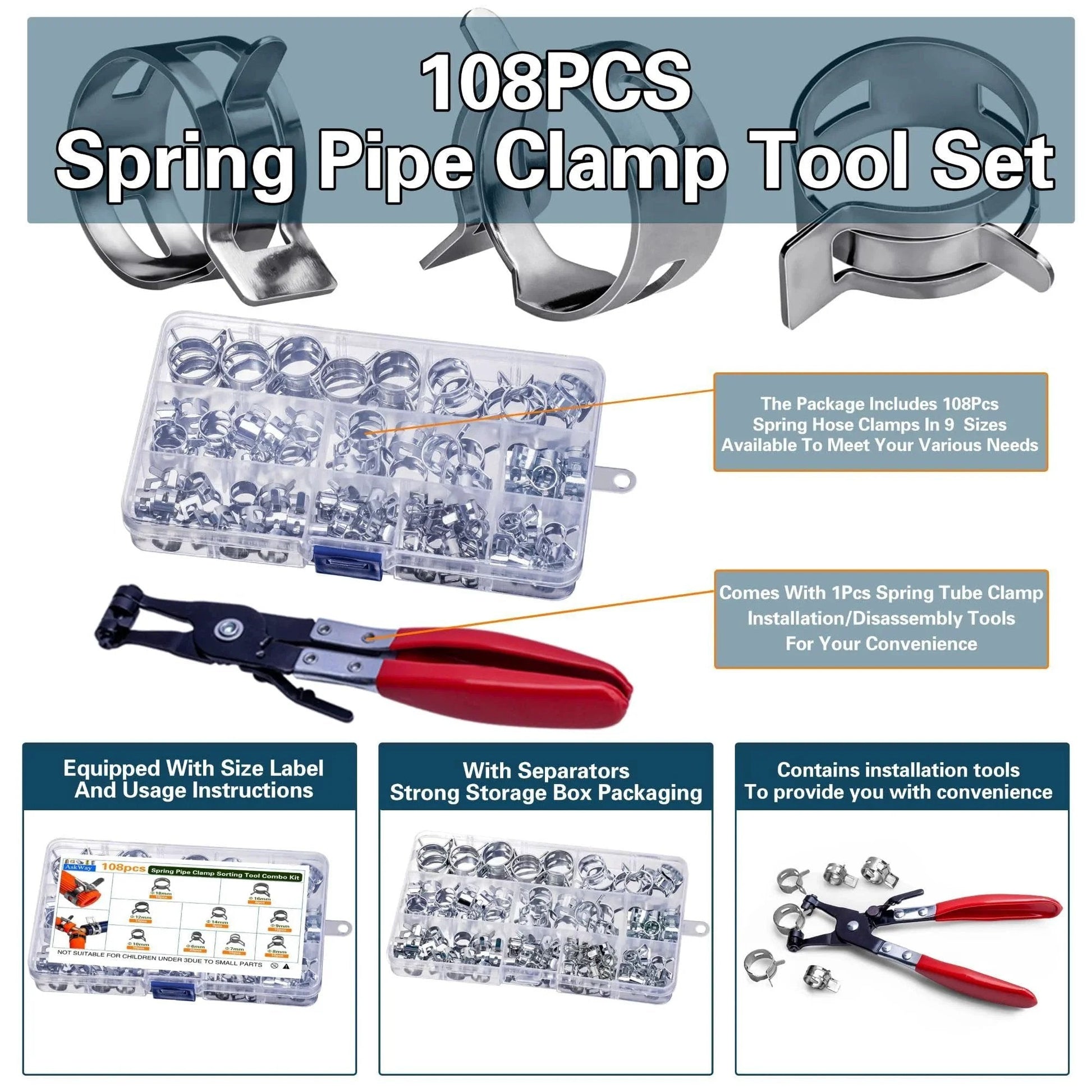 108 Piece Spring Pipe Clamp Set With Tools 9 Sizes 6 To 18mm Spring Hose Clamps For Automotive Marine Gardening And Industrial Applications Silvery Finish Durable Construction For Long Lasting Performance In Automotive And Industrial Environments