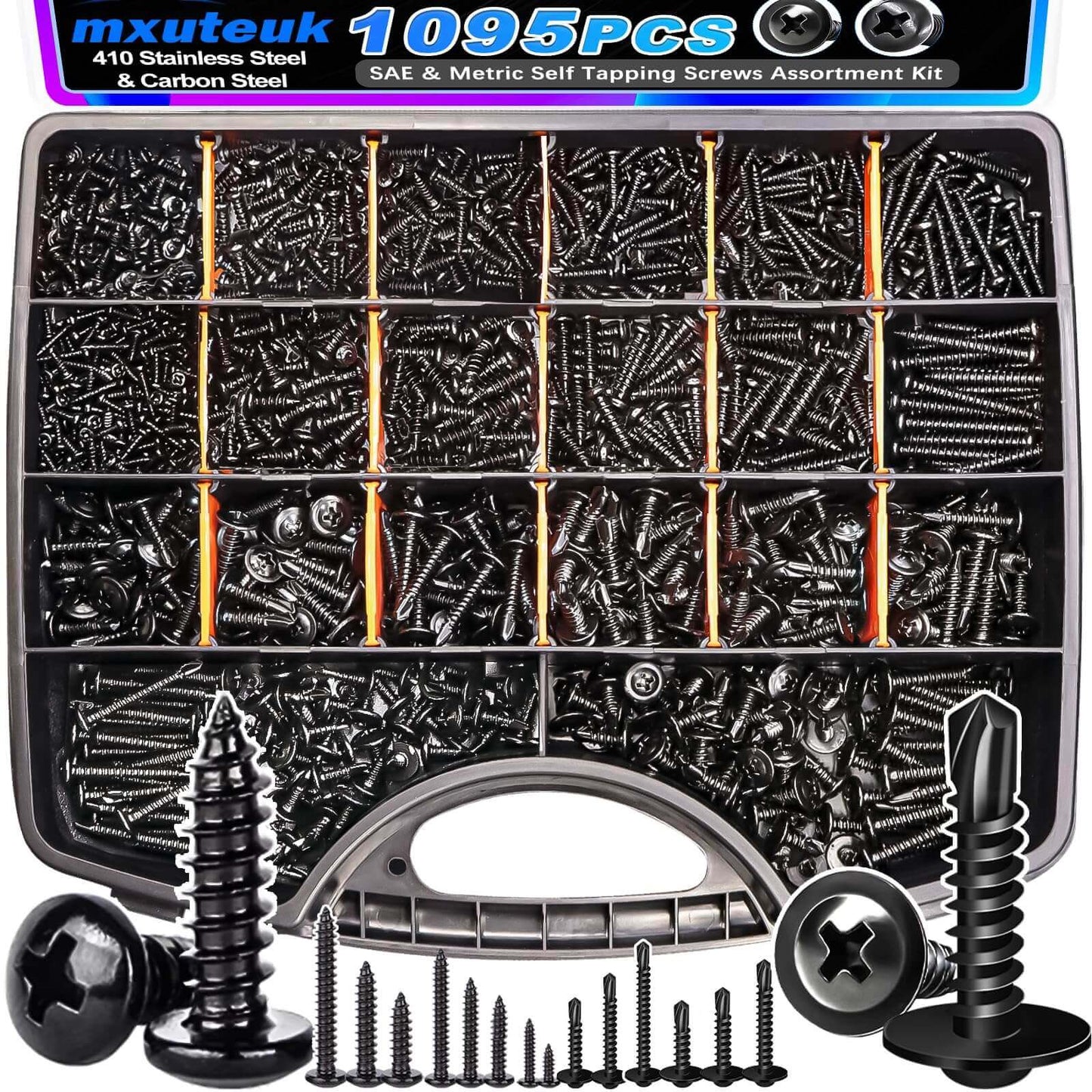 1095 Pcs Self Tapping Screws Assortment for Metal Wood and Plastic Including #8 #10 410 Stainless Steel Truss Head Self Drilling Screws and M2 M3 M4 Carbon Steel Phillips Pan Head Screws
