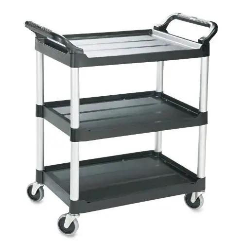 Black Utility Cart With Three Shelves, Heavy Duty 450 Lb Capacity, Mobile Bussing Cart On Swivel Casters With Brakes, front view.