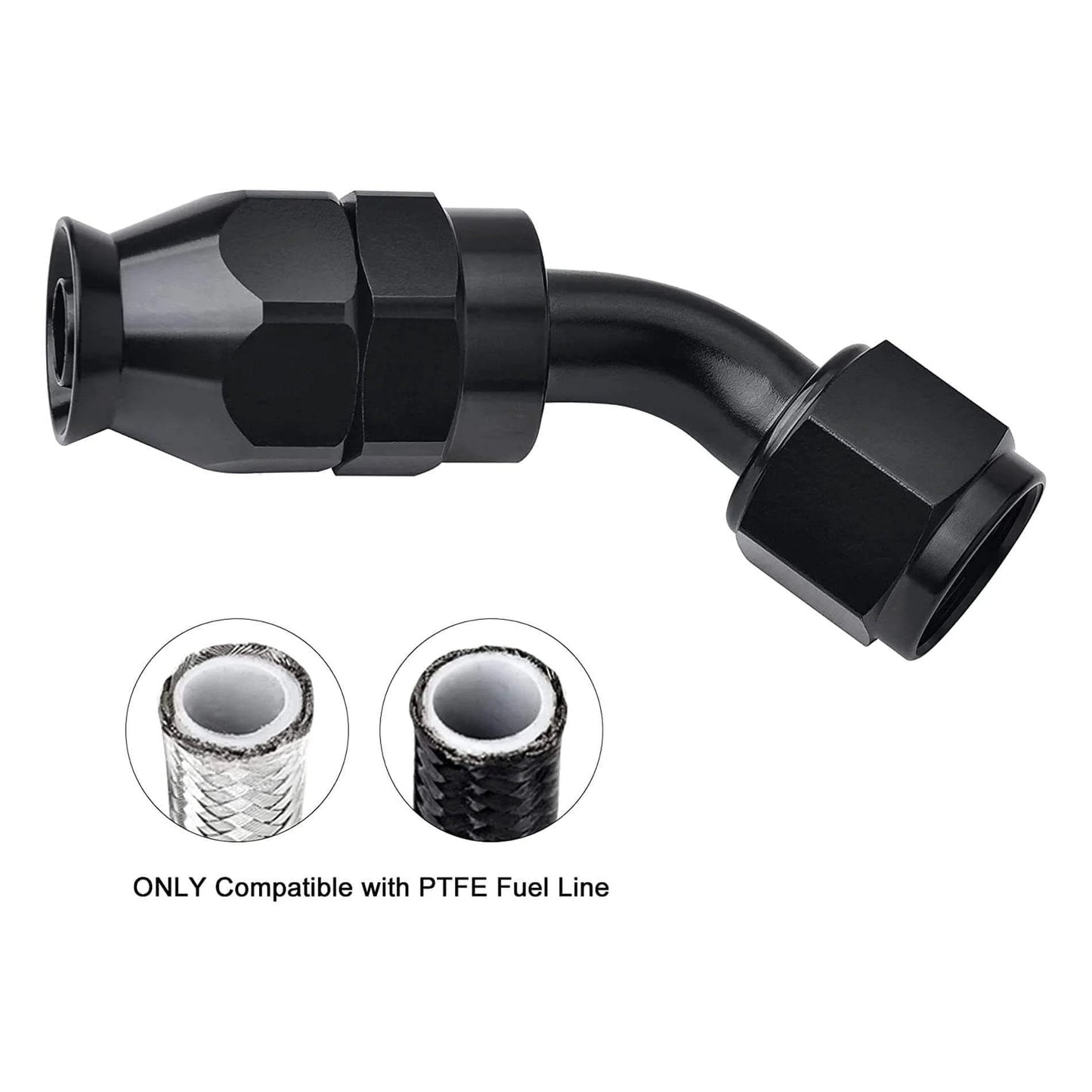 10AN PTFE Hose End Fitting, 45 degree black swivel fittings for PTFE fuel hose only, aluminum 6061 T6, 7/8-14 UNF thread.
