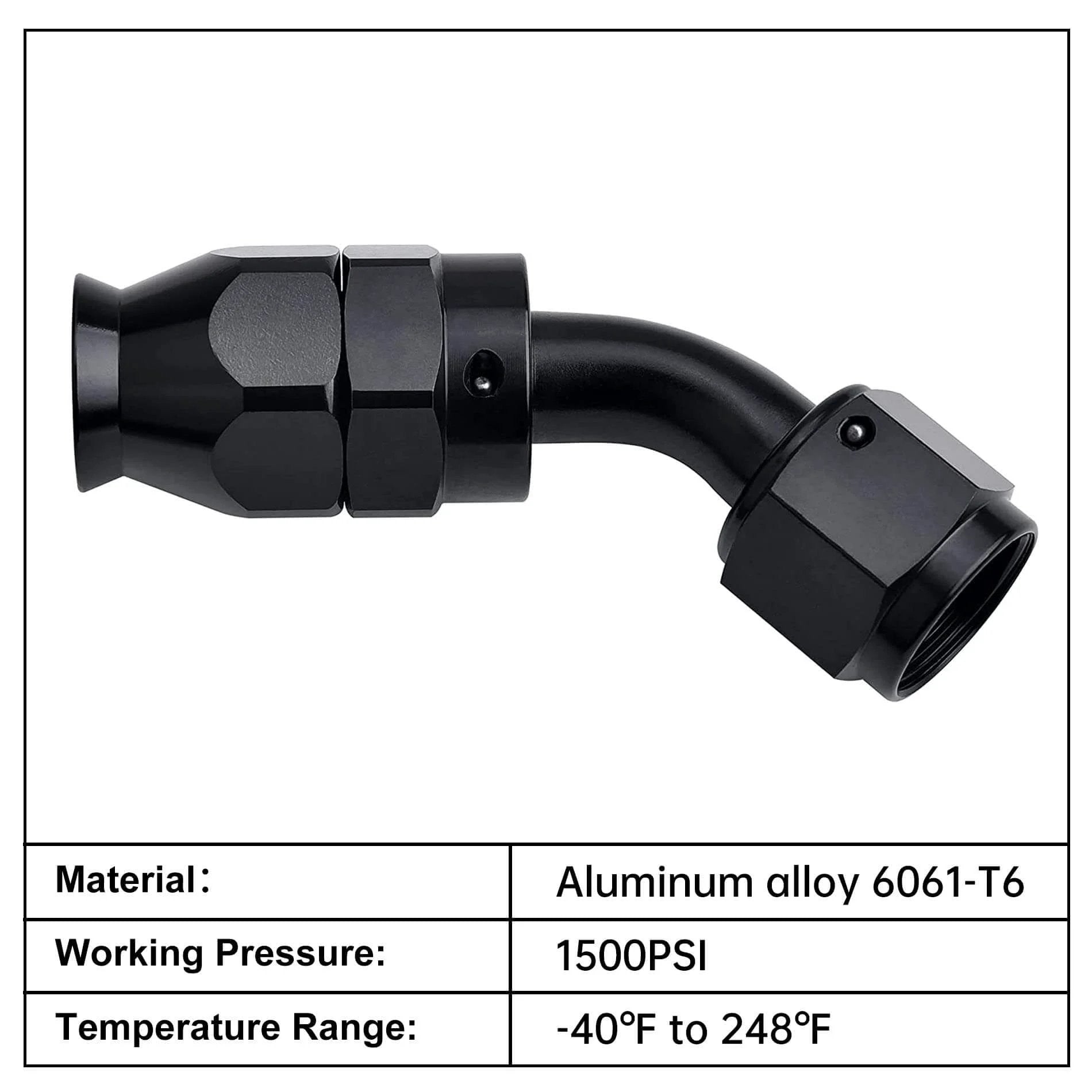 45 degree black swivel 10AN PTFE Hose End Fitting, aluminum 6061 T6, 1500 PSI, side view