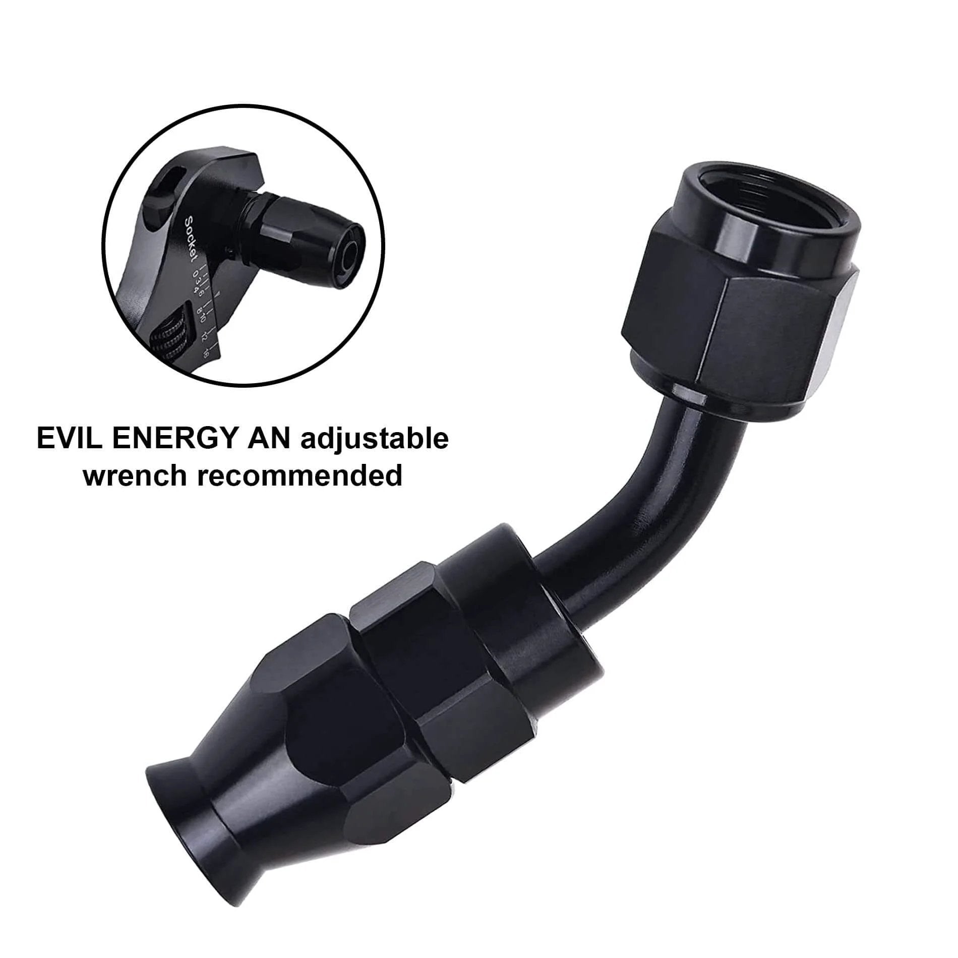 10AN PTFE Hose End Fitting, 45 degree black swivel fittings for PTFE fuel hose only, shown with adjustable wrench