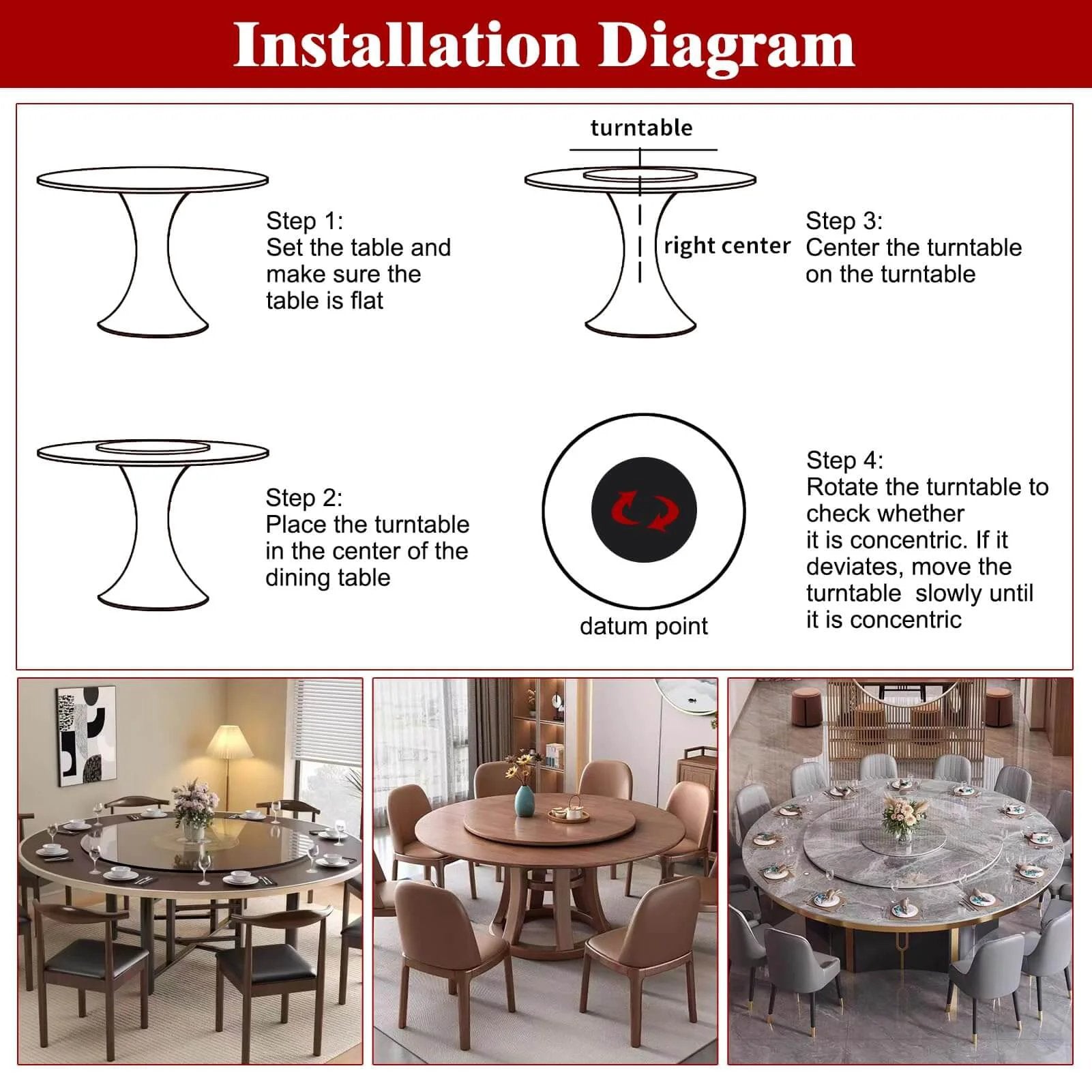 Installation diagram for 10 Inch Aluminum Alloy Lazy Susan Turntable Bearing on dining tables, showing step-by-step setup process.