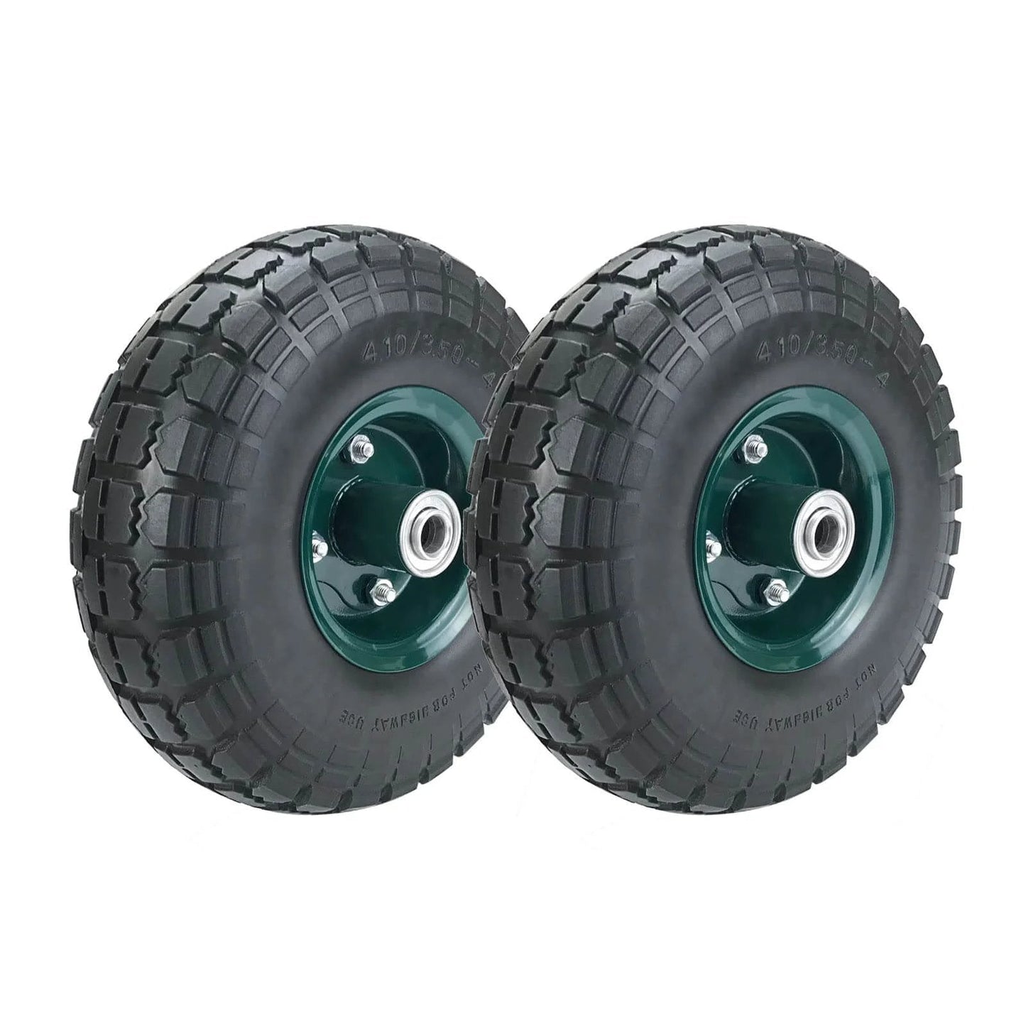 2 pcs 10" flat free tires solid pneumatic tires wheels, 4.10/3.50-4 air less tires with 5/8 center bearings, for wheelbarrow uses
