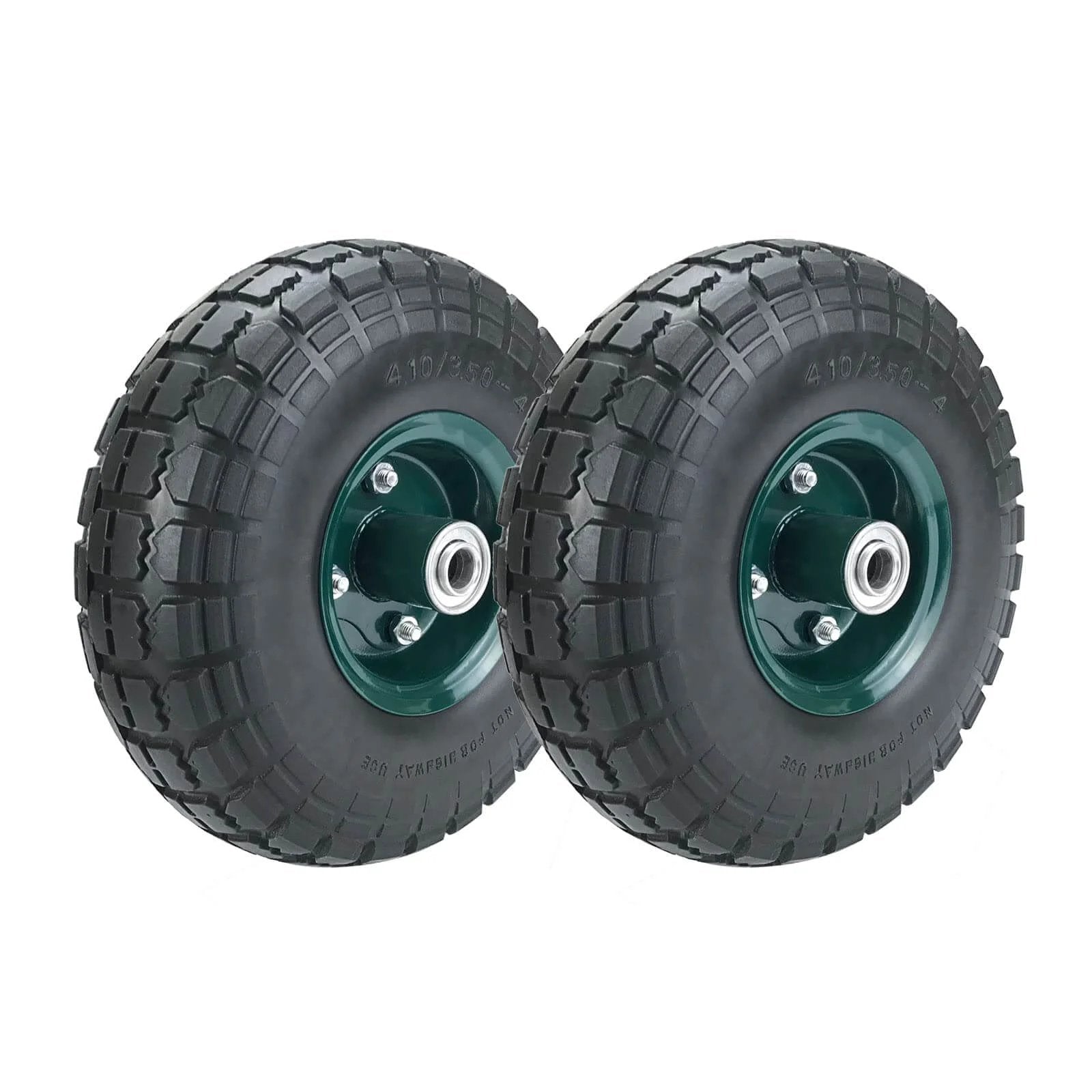 2 pcs 10" flat free tires solid pneumatic tires wheels, 4.10/3.50-4 air less tires with 5/8 center bearings, for wheelbarrow uses