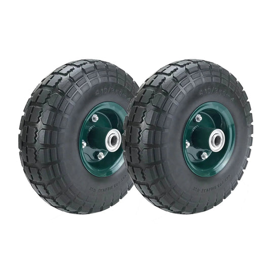 2 pcs 10" flat free tires solid pneumatic tires wheels, 4.10/3.50-4 air less tires with 5/8 center bearings, for wheelbarrow uses