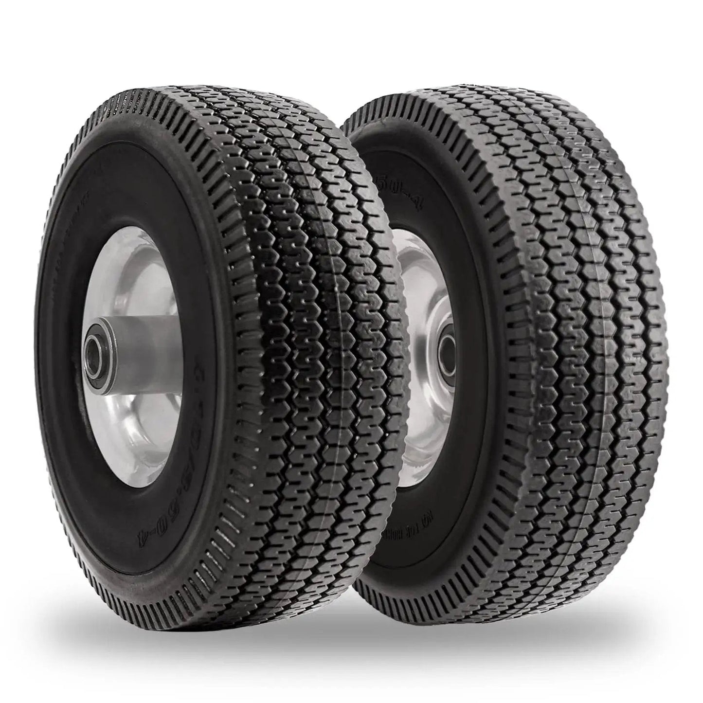10 Inch Solid Polyurethane Tire 4.10 To 3.50-4 With Flat Free Wheels Five Eighth Inch Bearings Pair