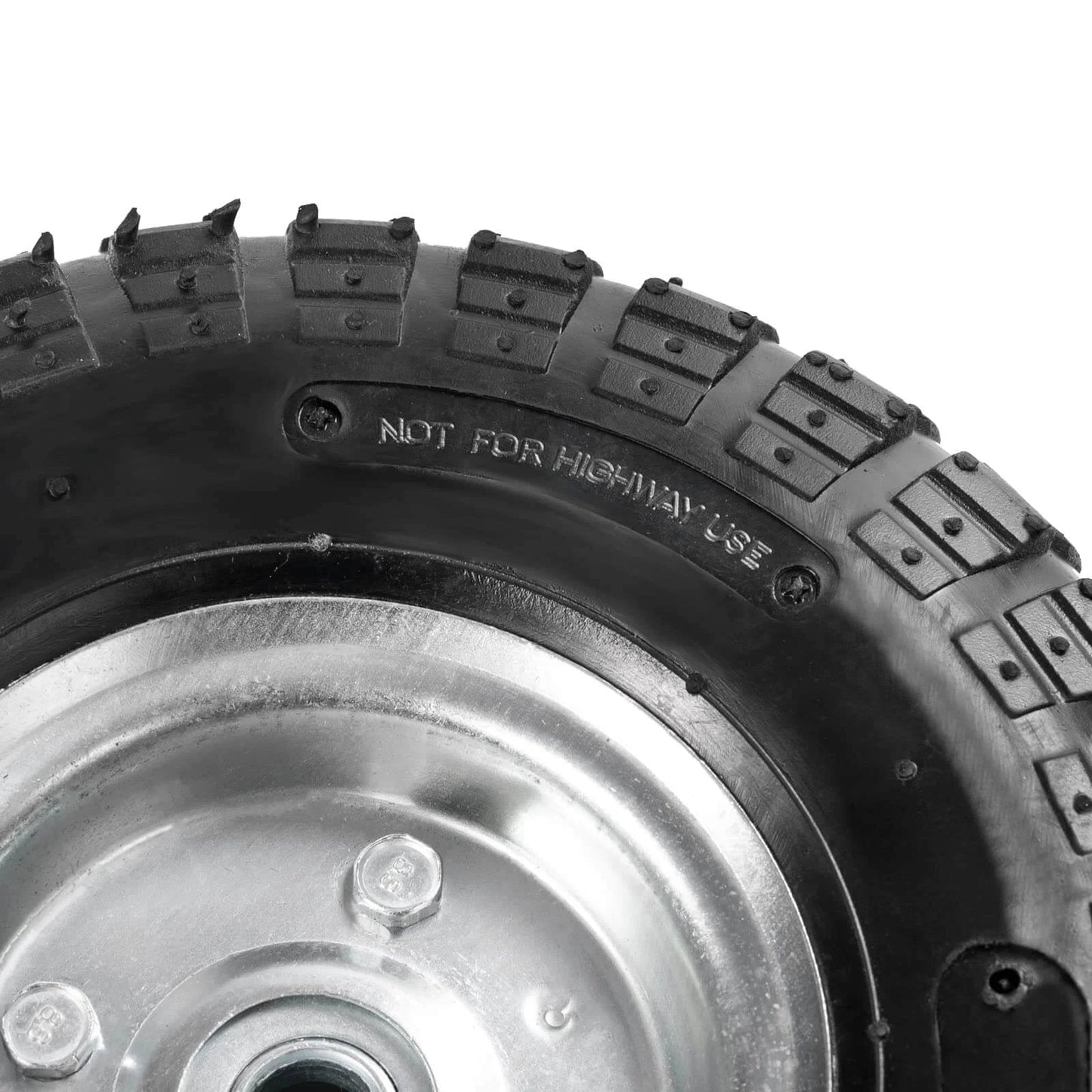 Close-up of a 10" heavy-duty replacement tire for gorilla carts, hand trucks, generators, lawn mowers, showing tread and rim detail.