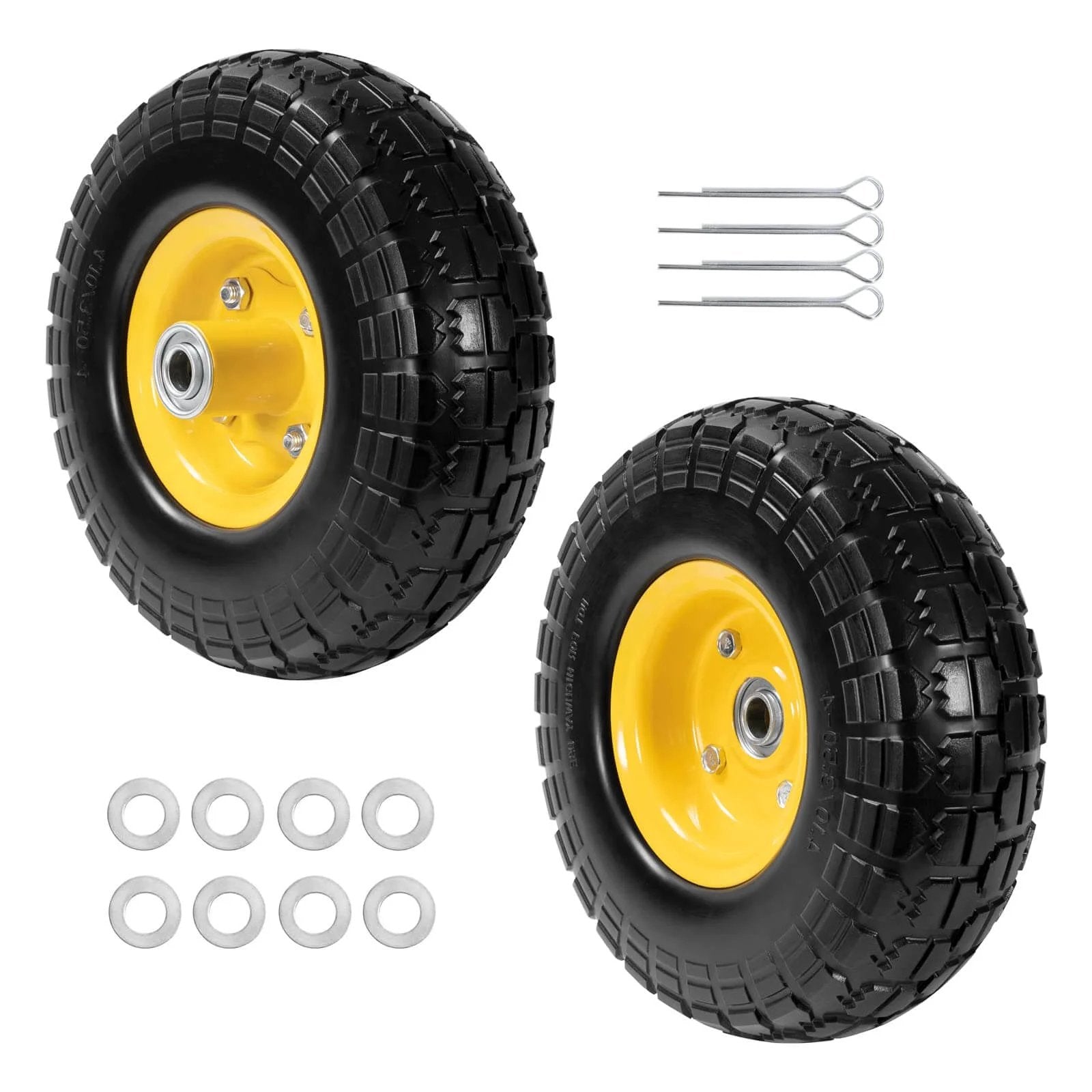 ✝️ 10" solid rubber tires and yellow wheels 4.10/3.50-4 (10 x 3.5) flat free tire with 5/8" bearings, heavy-duty